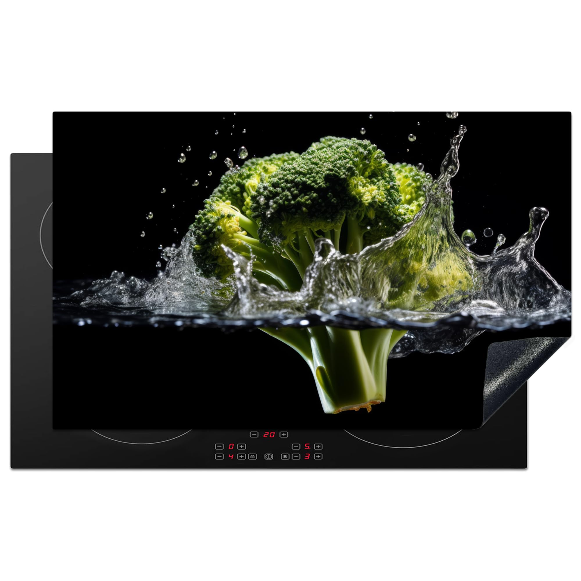 KitchenYeah© Herdabdeckplatte Einteilig Ceranfeld Abdeckplatte für Induktionsschutz Ceranfeldabdeckung Vinyl Herdabdeckplatten Brokkoli - Grün - Wasser - Schwarz - 85x52 cm