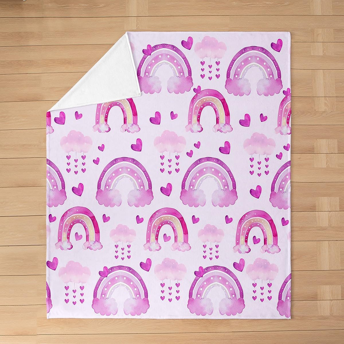Cute Rainbow Fleece Blanket,Watercolor Purple Rainbow Sky Clouds Paint Bed Blanket for Kids Teens,Romantic Love Hearts Cartoon Flannel Blanket for Room Decor,Queen 90"x90"