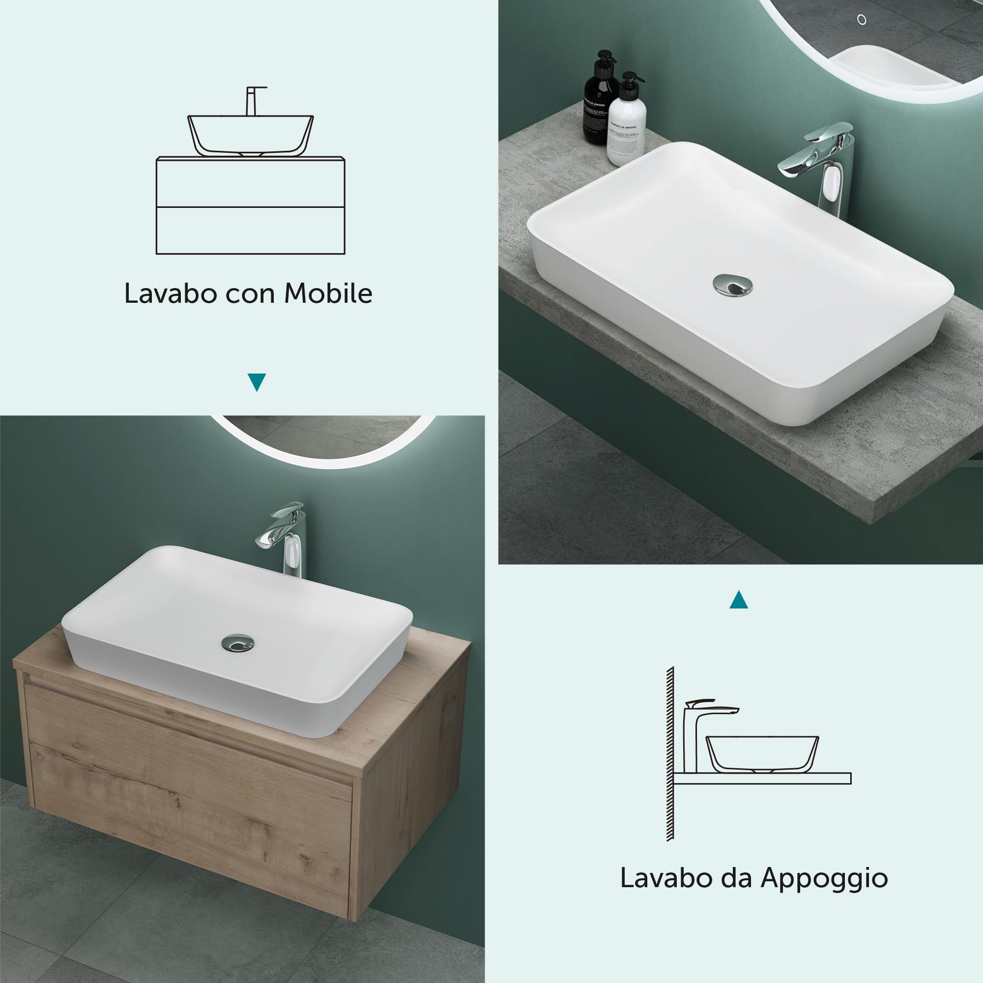 Mai & Mai Lavabo da Appoggio 60x40x9cm in Minerale Fuso, Colossum815 | Lavandino Bagno, Bianco Opaco, Stampaggio Monopezzo, Nano-rivestimento