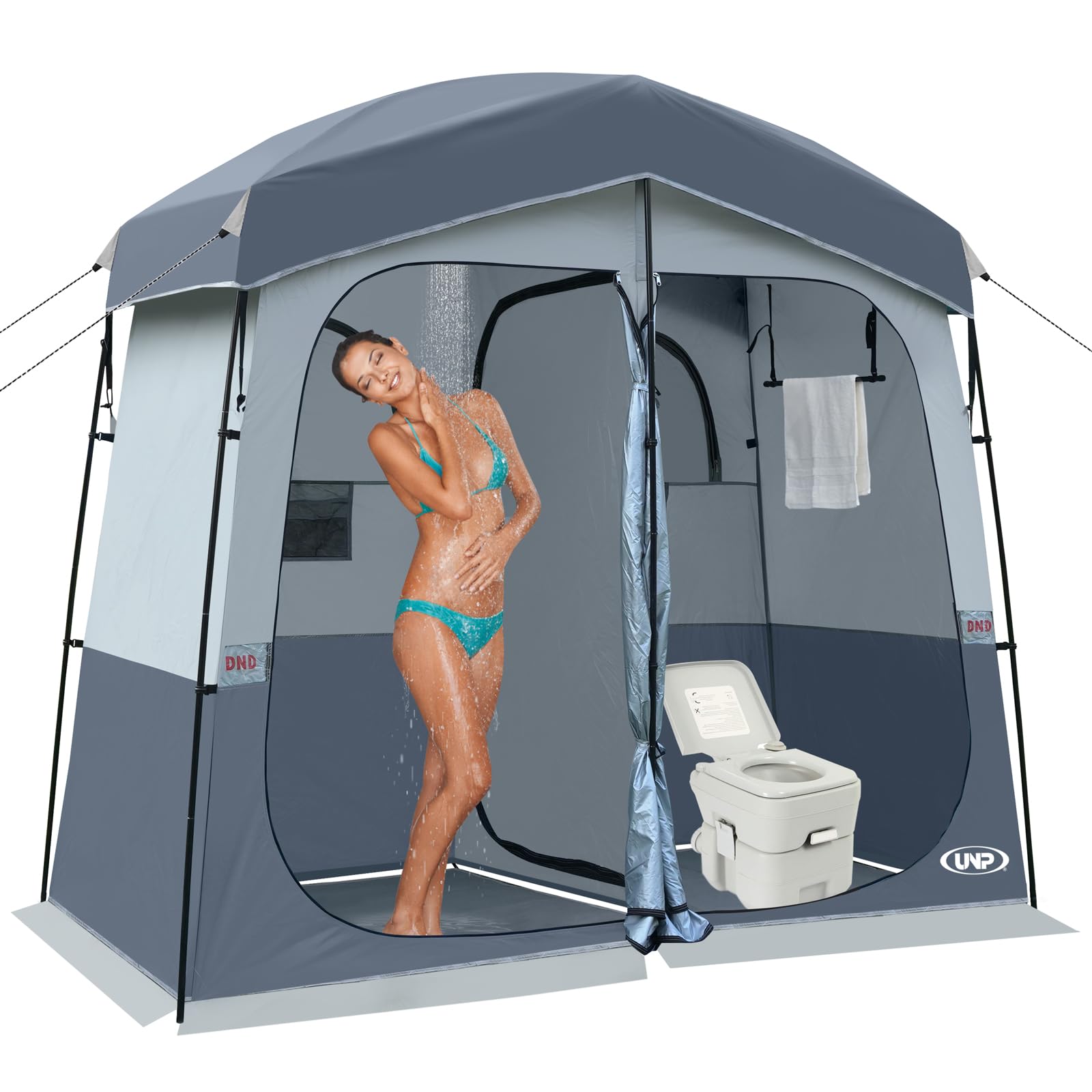 UNP Duschzelt 2 Zimmer, Tragbares Sichtschutzzelt Outdoor Camping Toilettenzelte Einfacher Aufbau, Ankleidezimmer für Strand, Camping & Wandern (Grau)