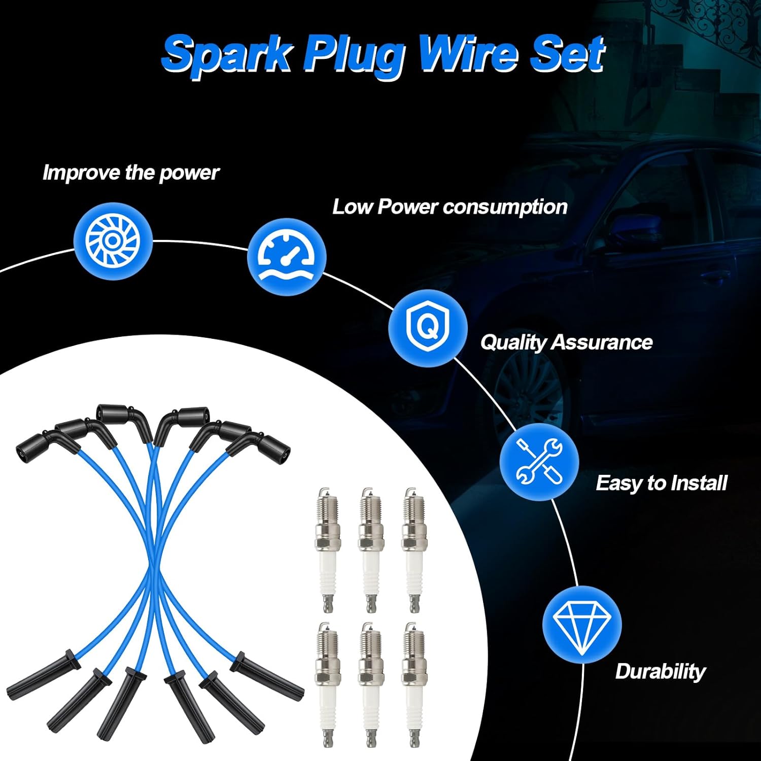 671-6258 Iridium Spark Plugs Wire Set 51432 RC-GMX104 Compatible with Chevrolet Impala Malibu Monte Carlo Pontiac G6 Montana Buick Lucerne Terraza Saturn Vue, Set of 6