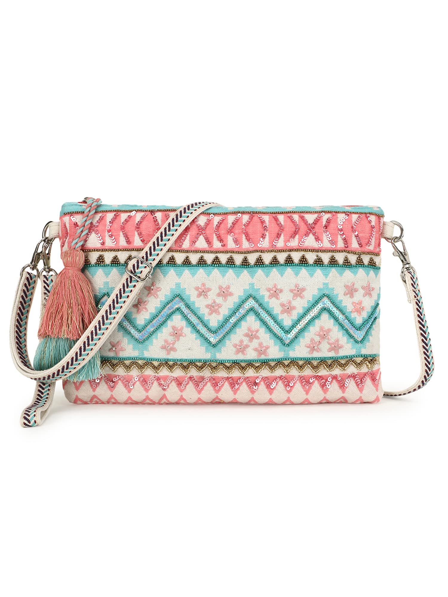 AnekaantGhoomar Pink & Turquoise Acrylic Cotton Canvas Striped Embellished Sling Bag