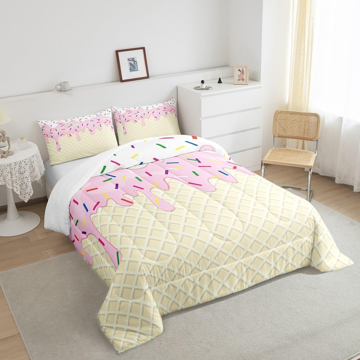 Ice Cream Party Comforter Set Full Size,Sweet Theme Bedding Set for Girls Women Adult Bedroom Decoration,Kids Pink White Yellow Bed Duvet Insert,Colorful Candy Comforter with 2 Pillowcase