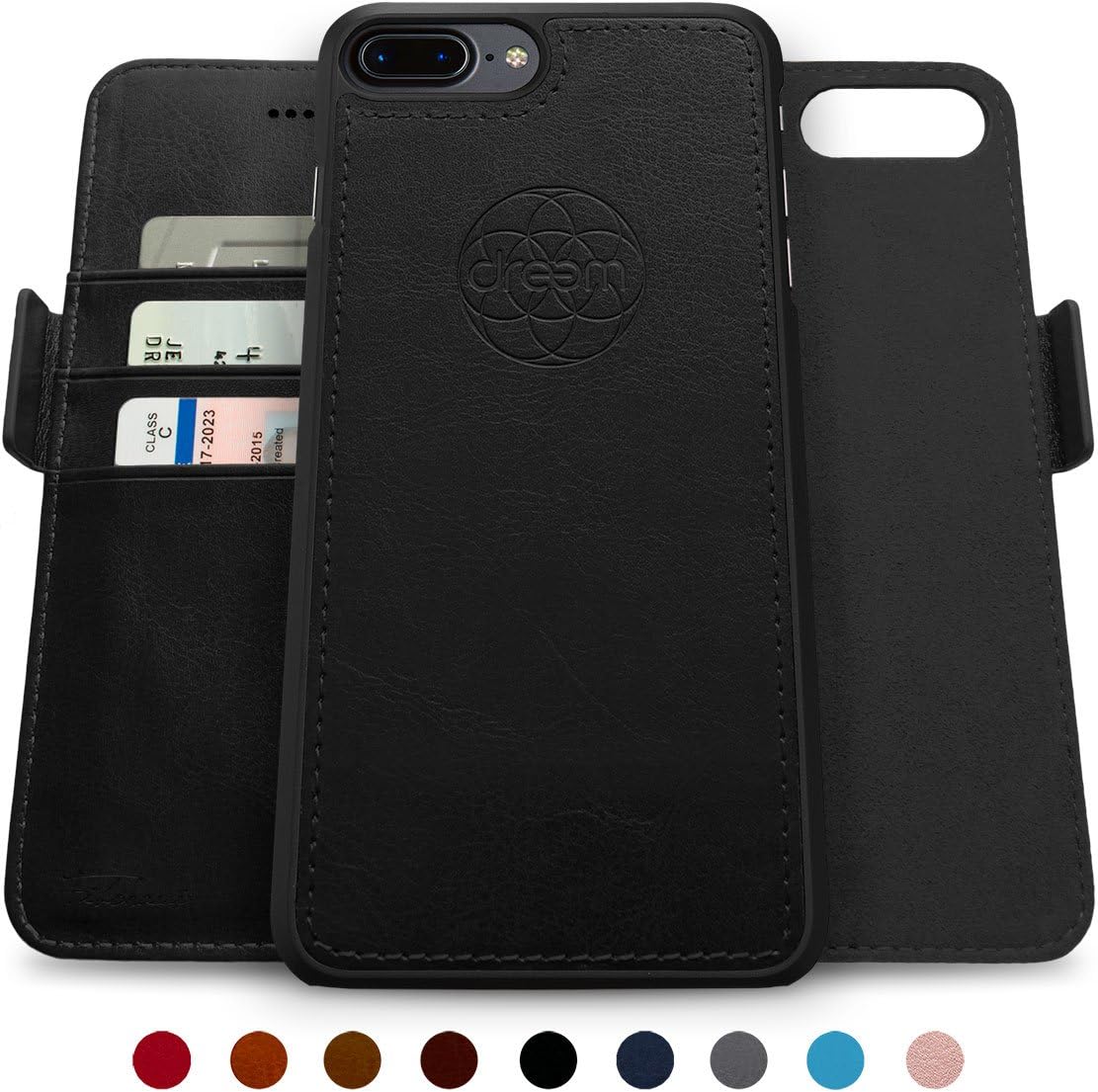 Dreem Fibonacci 2-in-1 Wallet-Case for iPhone 8-Plus & 7-Plus, Magnetic Detachable PC Slim-Case, Luxury Vegan Leather, RFID Protection, Smart 2-Way Stand, Gift-Box - Black