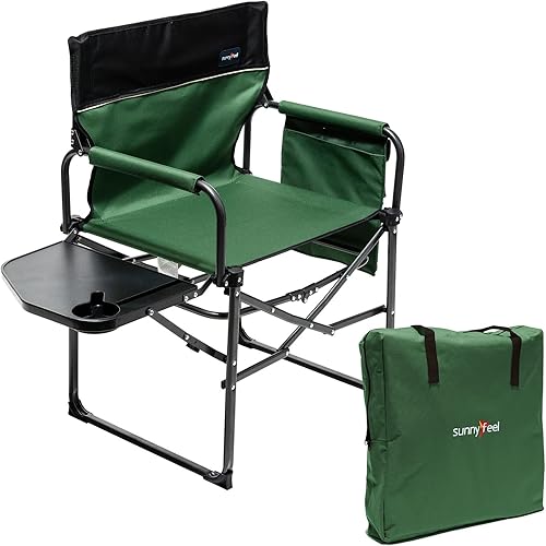 SUNNYFEEL Silla de directores de camping, resistente, silla plegable portátil de gran tamaño con mesa auxiliar, bolsillo para playa, pesca, viaje,
