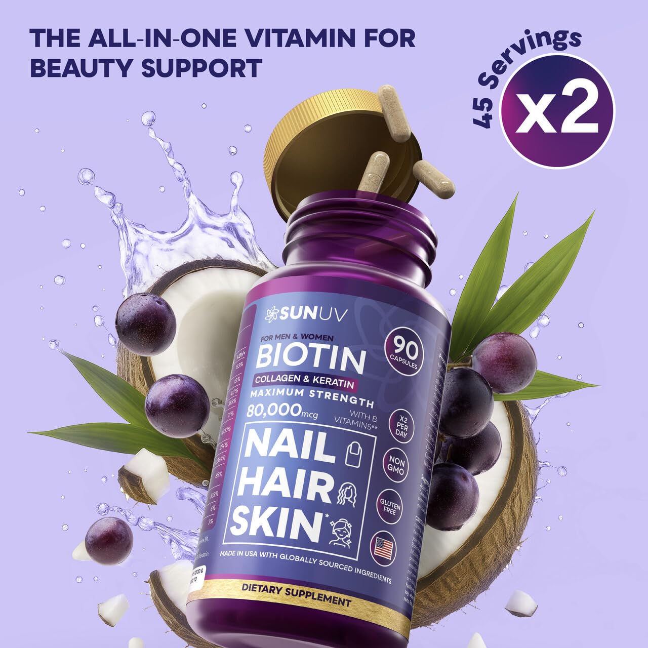 SUNUV Biotin 10,000mcg | Collagen | Keratin | Hyaluronic Acid - 80,000mcg Hair Growth Vitamins for Hair Skin & Nails Support - Women & Men - Vitamins B1,B2,B3,B5,B6,B9,B12 -Made in USA-90 Capsules — Amazon image 9