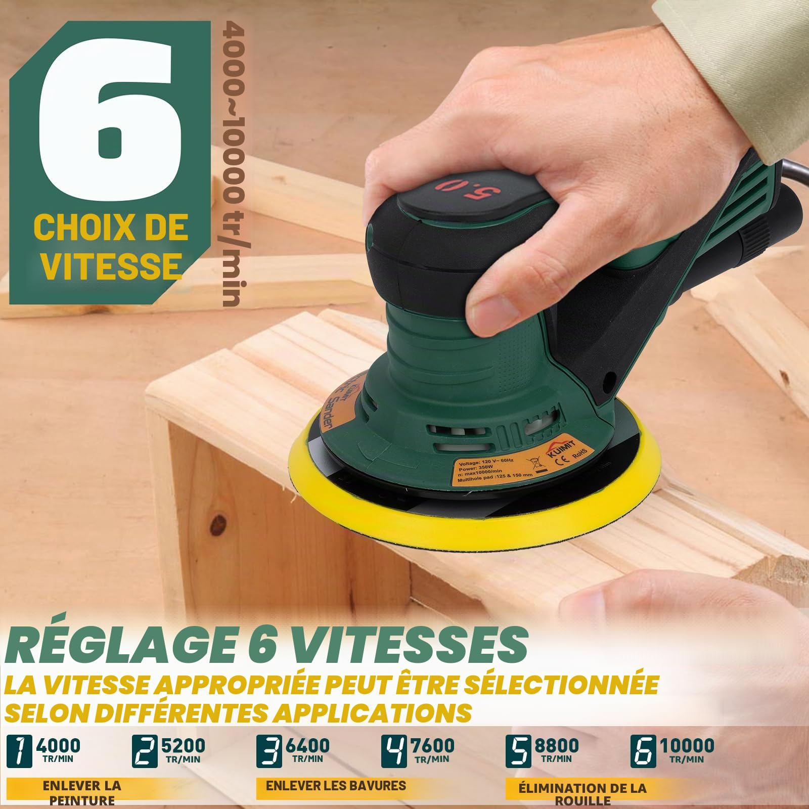 Ponceuse orbitale aléatoire, Moteur sans balai de 350W avec plateau double 125/150mm, Vitesse variable 4000-10000 tr/min, pour travaux sans poussière sur parquets, carrosseries et projets DIY
