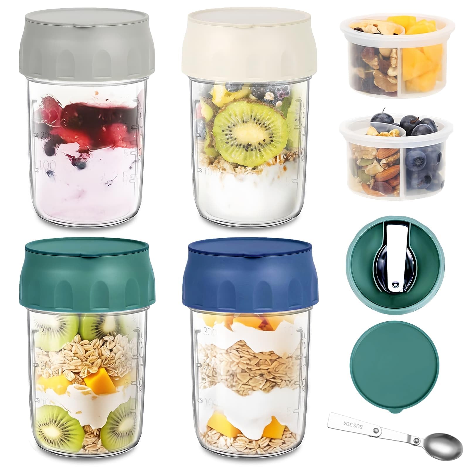4 Pack Overnight Oats Jar Containers with Lids, Folding Spoons and Divided Compartments for Fruit & Nuts, Reusable 16oz Containers for Snack for Oatmeal, Chia Pudding, Yogurt, Salad, Parfait Cups