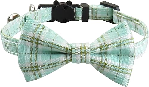 Love Dream Collar de gato con pajarita y campana, paquete de 2 collares de gato a cuadros para gatitos, gatos, cachorros y gatitos, morado y amarillo