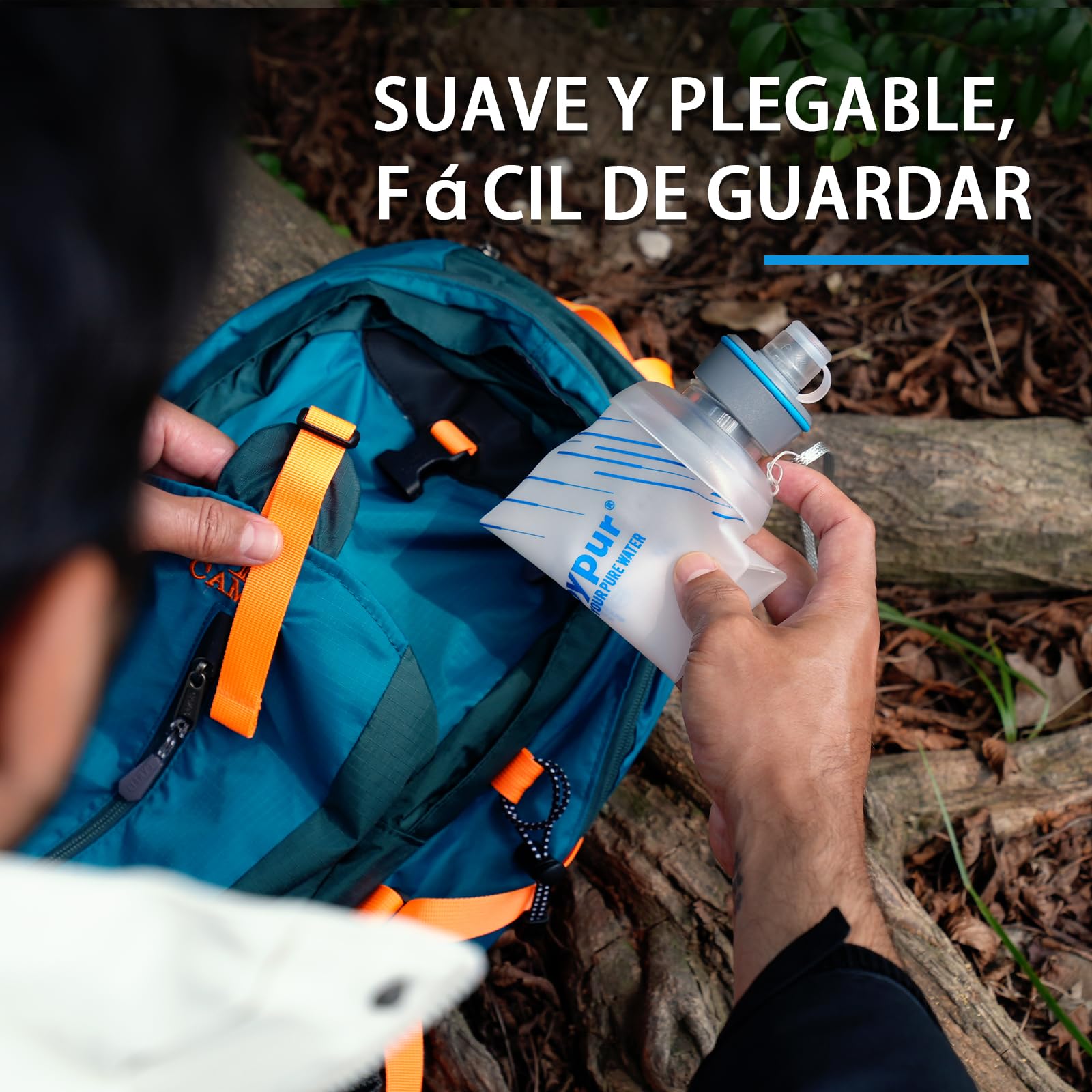 Botella Plegable de 1000 ml con Filtro de 0.01µm, Filtro de Agua Portátil de 5000 Litros para Acampar y Senderismo, Purificador Personal de 100g Ultraligero para Mochila y Viajes (Blanco)