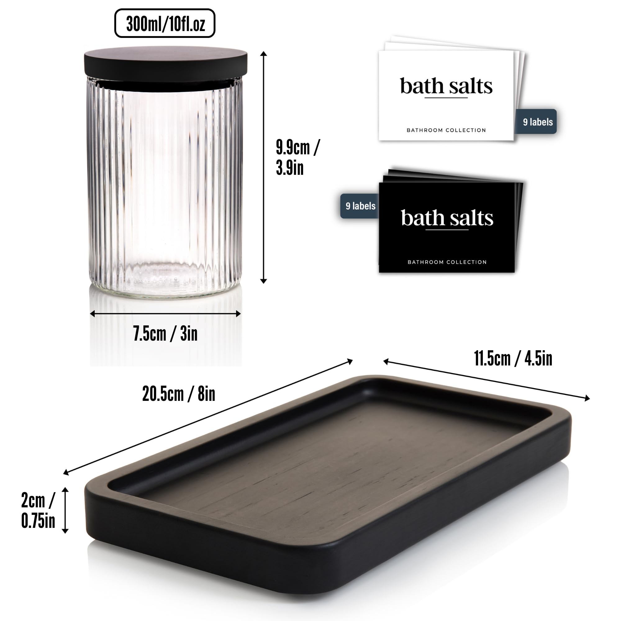 Mason & Fable Geripptes Glas-Set für das Badezimmer, 300 ml, mit Tablett, Aufbewahrungsbehälter mit luftdichten schwarzen Bambusdeckeln, Wattepad/Tupfer, Q-Tip-Halter, Badesalz, transparenter