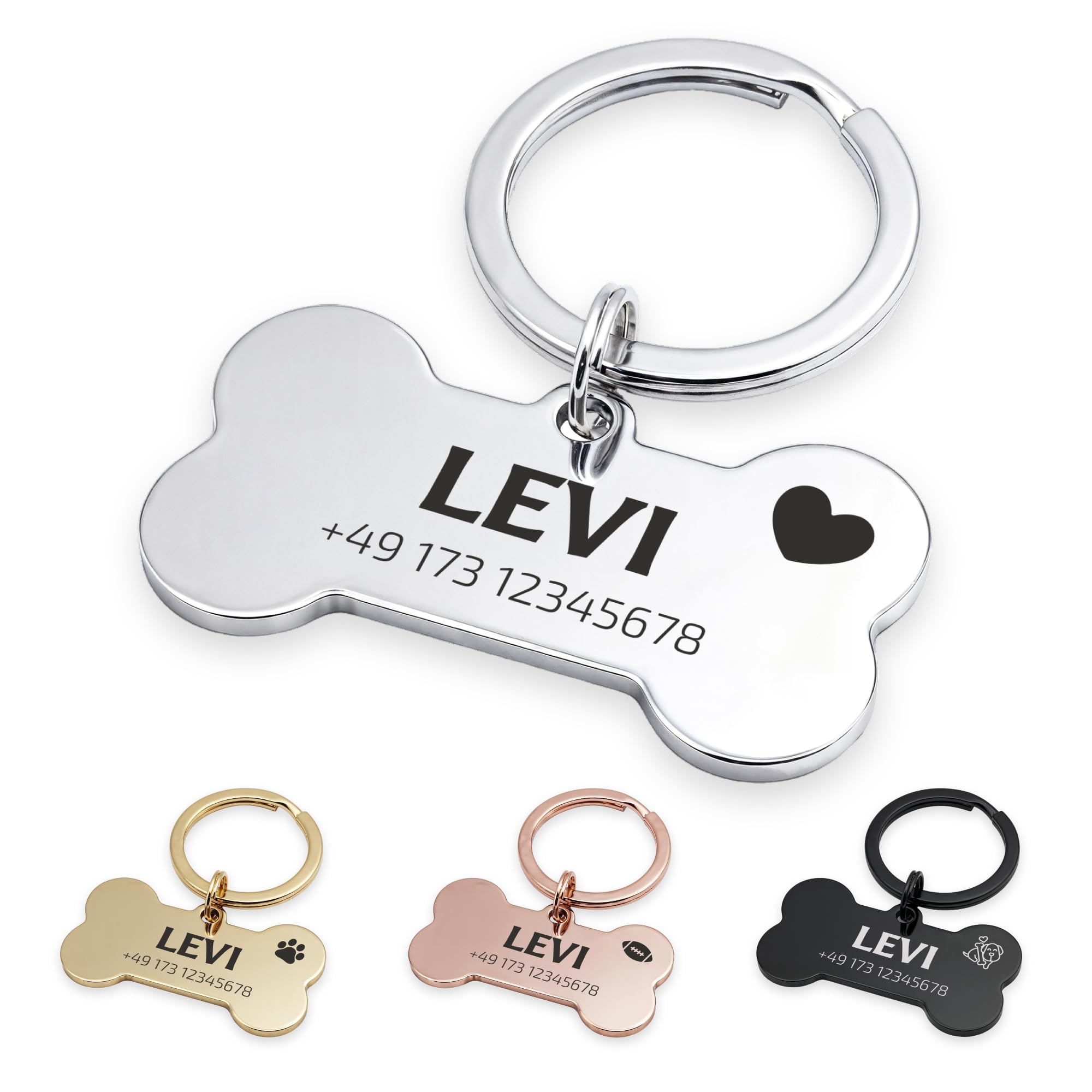 FELLSOCKE Hundemarke mit Gravur aus Edelstahl, Individuell gravierbar, Robuste Tiermarke, Dogtag Anhänger Hunde, Pferde, Katzen & Welpen (Glänzend, Silberfarben, 40x21mm)