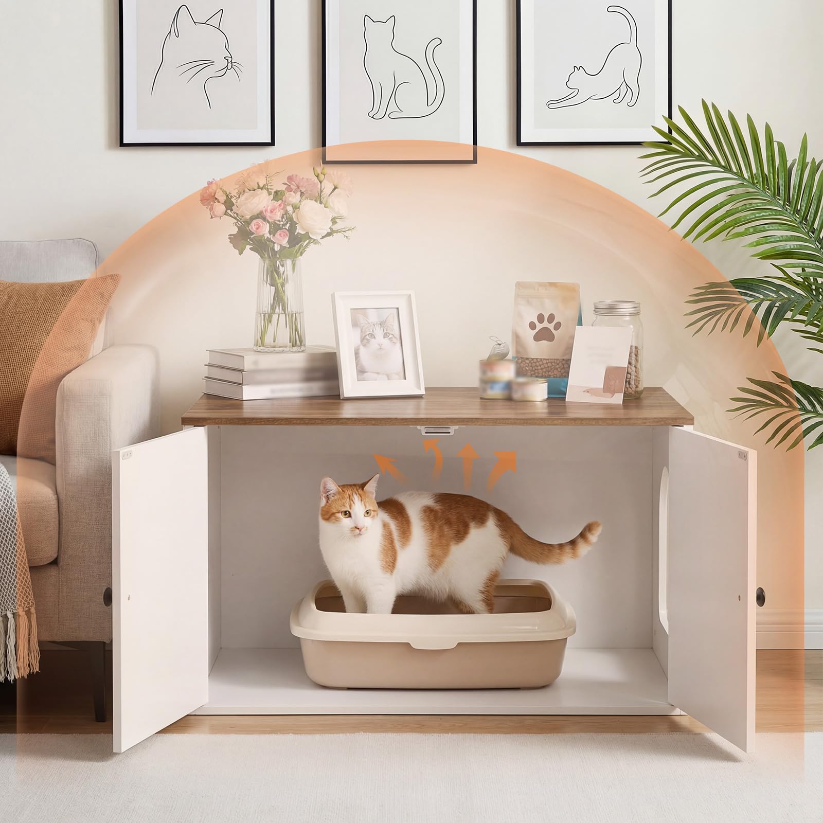HOOBRO Katzenklo Schrank aus Spanplatte, Katzentoilette Schrank, versteckter Katzenkloschrank mit Seiteneingang, Haustiermöbel für den Innenbereich, Beistelltisch, Weiß und Walnuss EWH40MW01