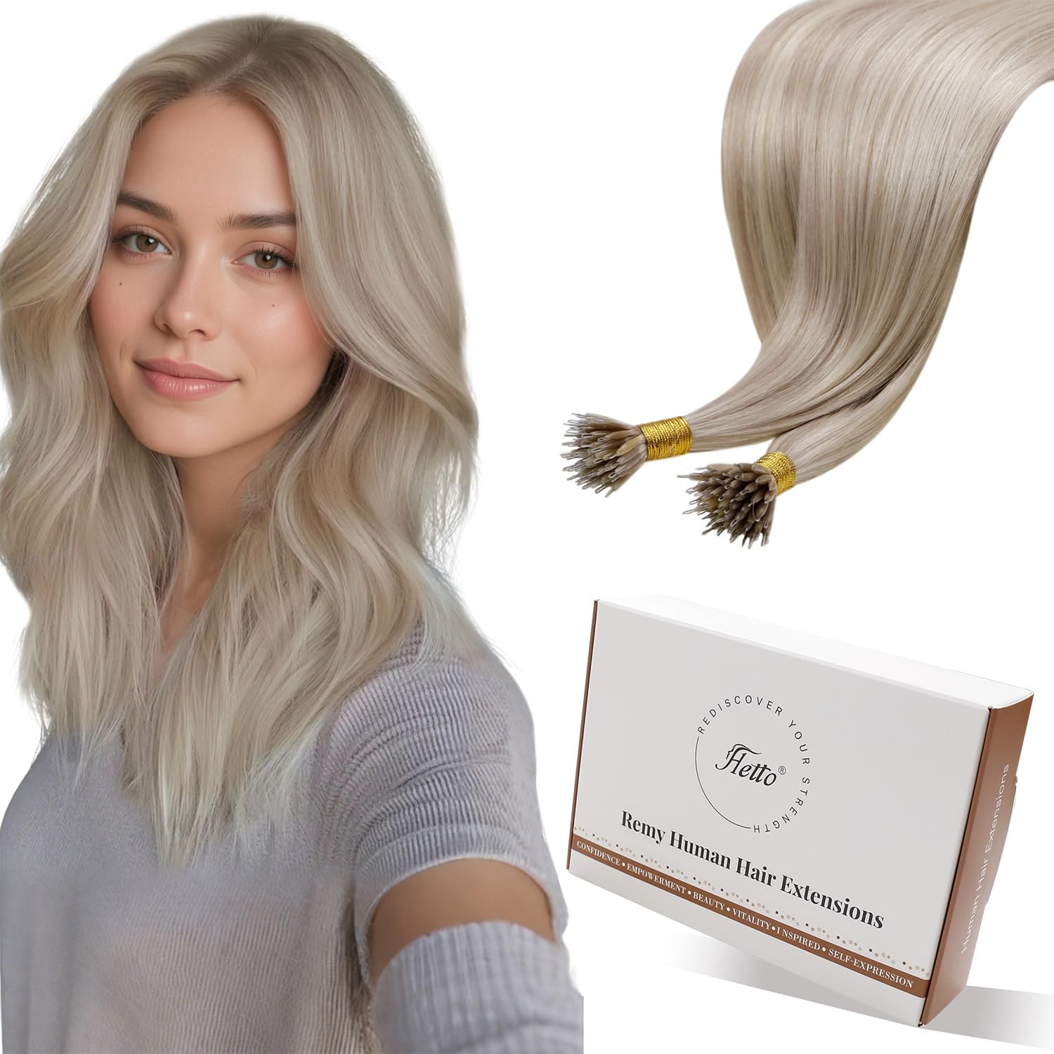 Hetto Nano Hair Extensions Real Human Hair Ash Blonde Highlights 18 Inch, Blonde Nano Beads Hair Extension