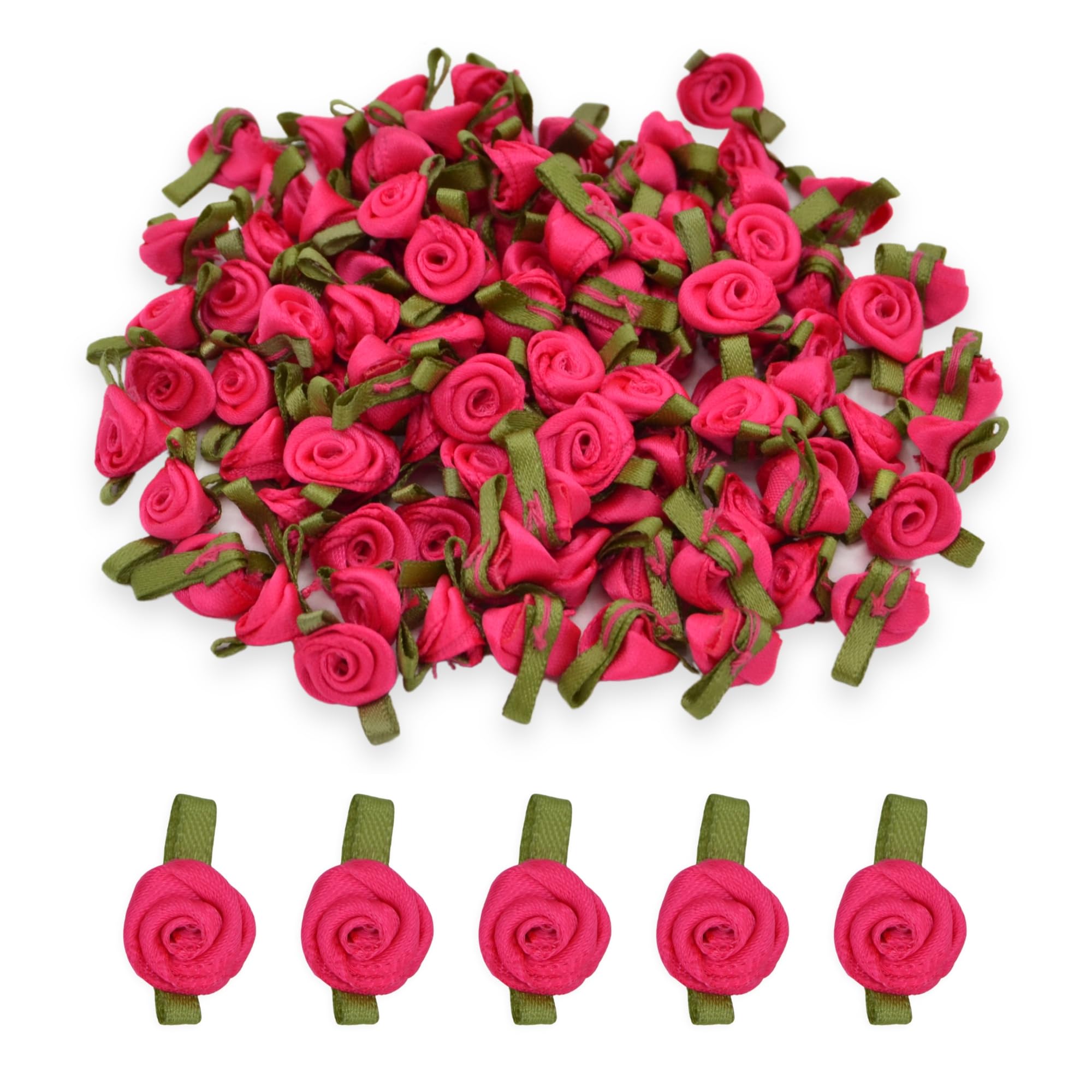 celloexpress 12mm Cerise 175 Satin Ribbon Roses with Green Leaves - Small Flower Buds - Crafts, Embellishments (Pack of 50)