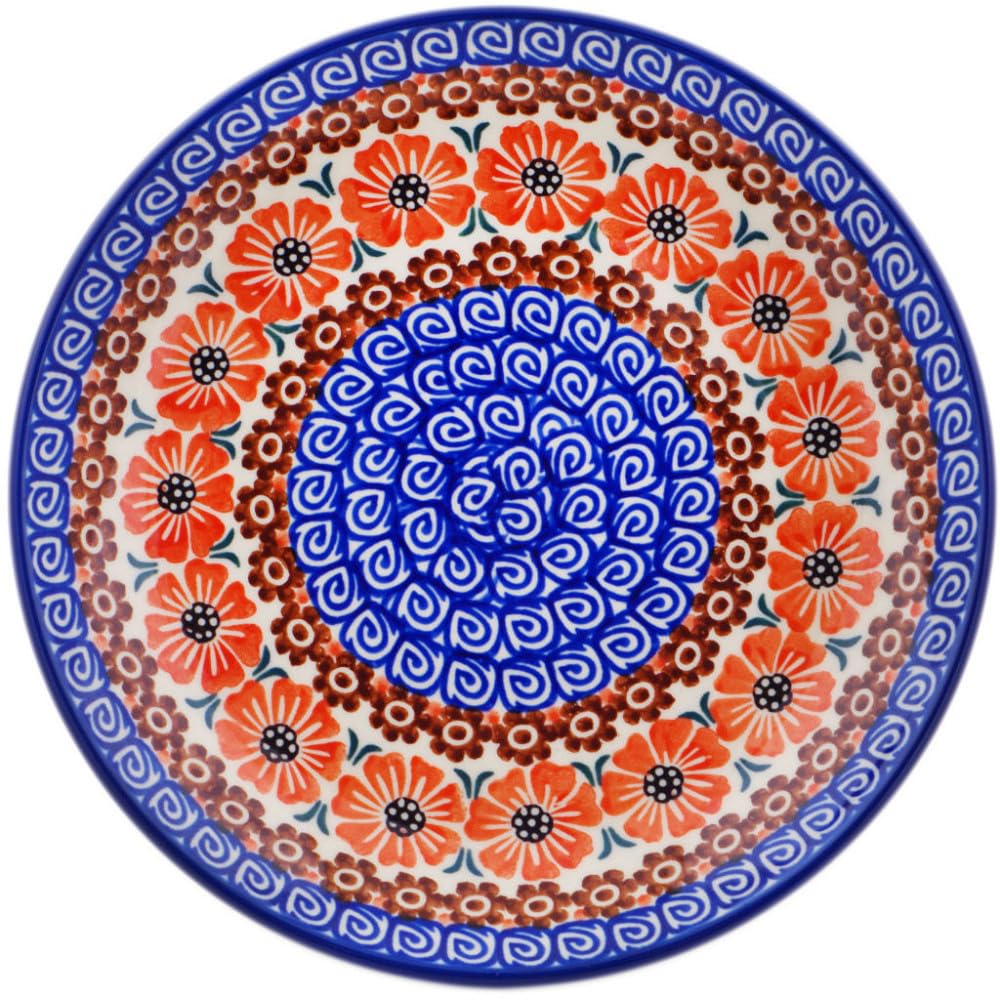Authentic Polish Pottery Dessert Plate Signature UNIKAT in Red Petal Patch Design Handmade in Boles?awiec Poland by Ceramika Artystyczna + Certificate of Authenticity