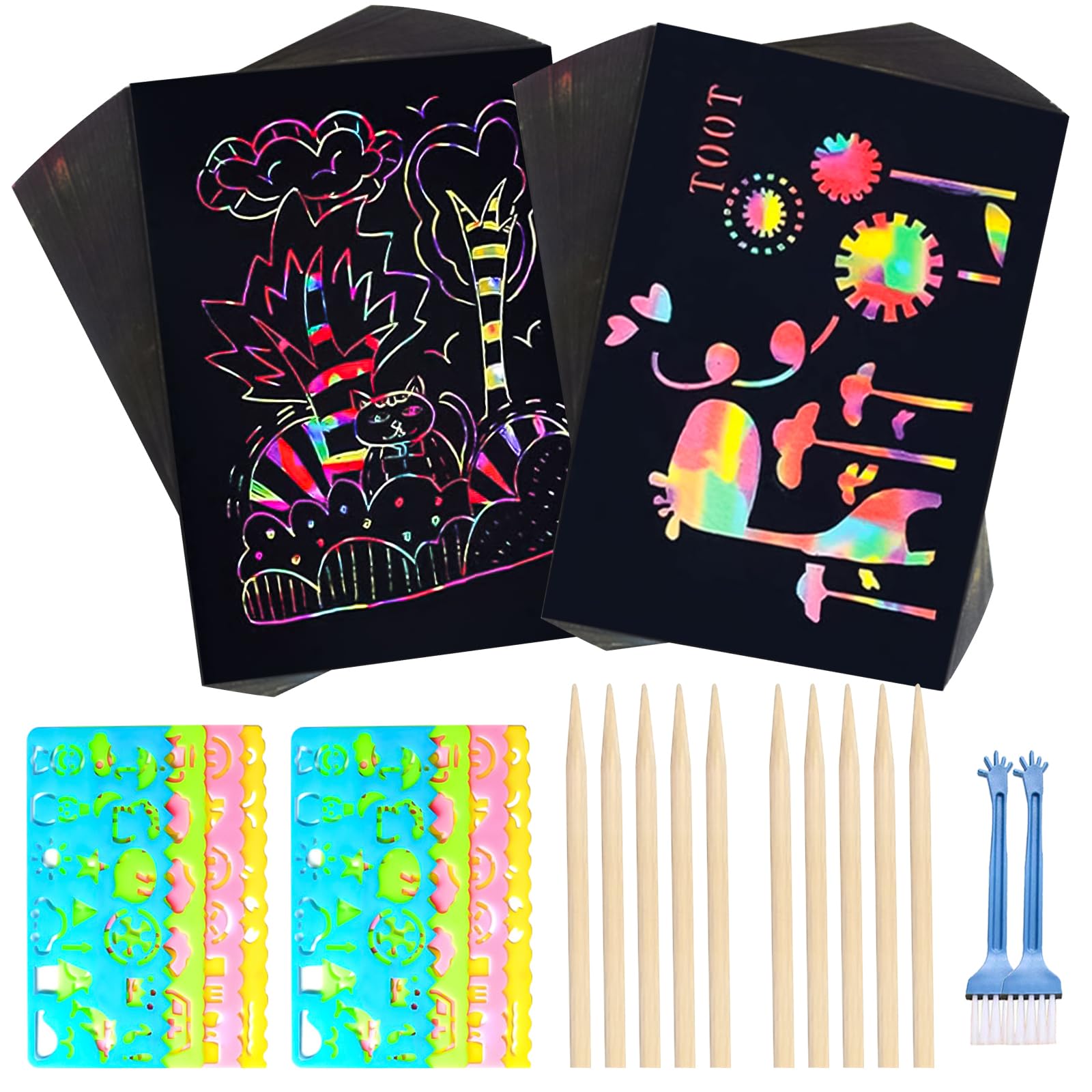 KJG Rascador para niños, 100 unidades de papel rascador de arco iris, Magic Scratch Book, juego de papel rascador, 10 lápices de madera, 8 plantillas de pintura, 2 cepillos de limpieza, para adultos,