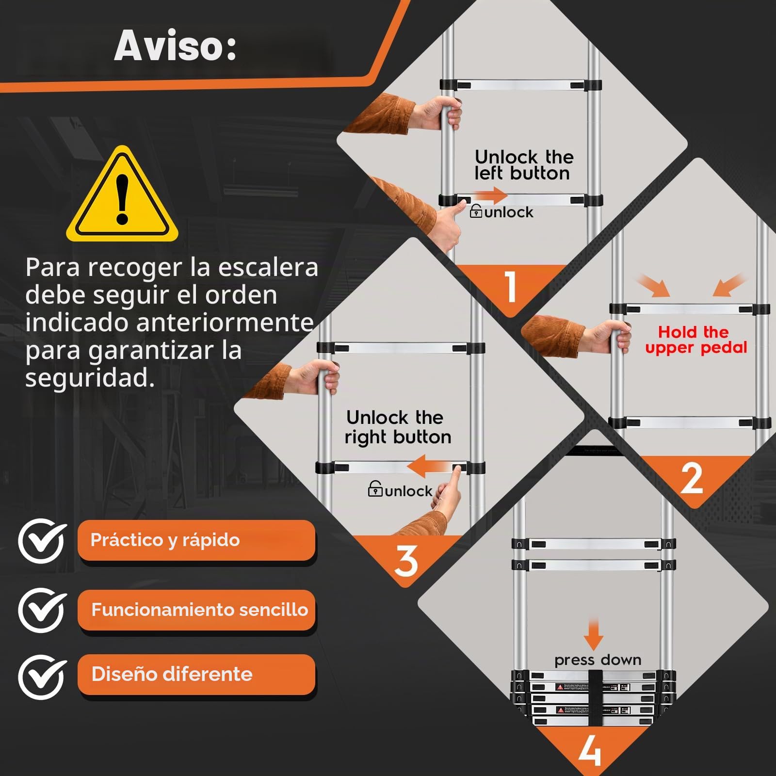 Escalera telescópica de 3.8 m con Ganchos y pies Antideslizantes, Escalera Plegable de Aluminio Ligero para altillos, Casas rodantes, Exteriores e Interiores, Capacidad de Carga de 150kg.Argentato