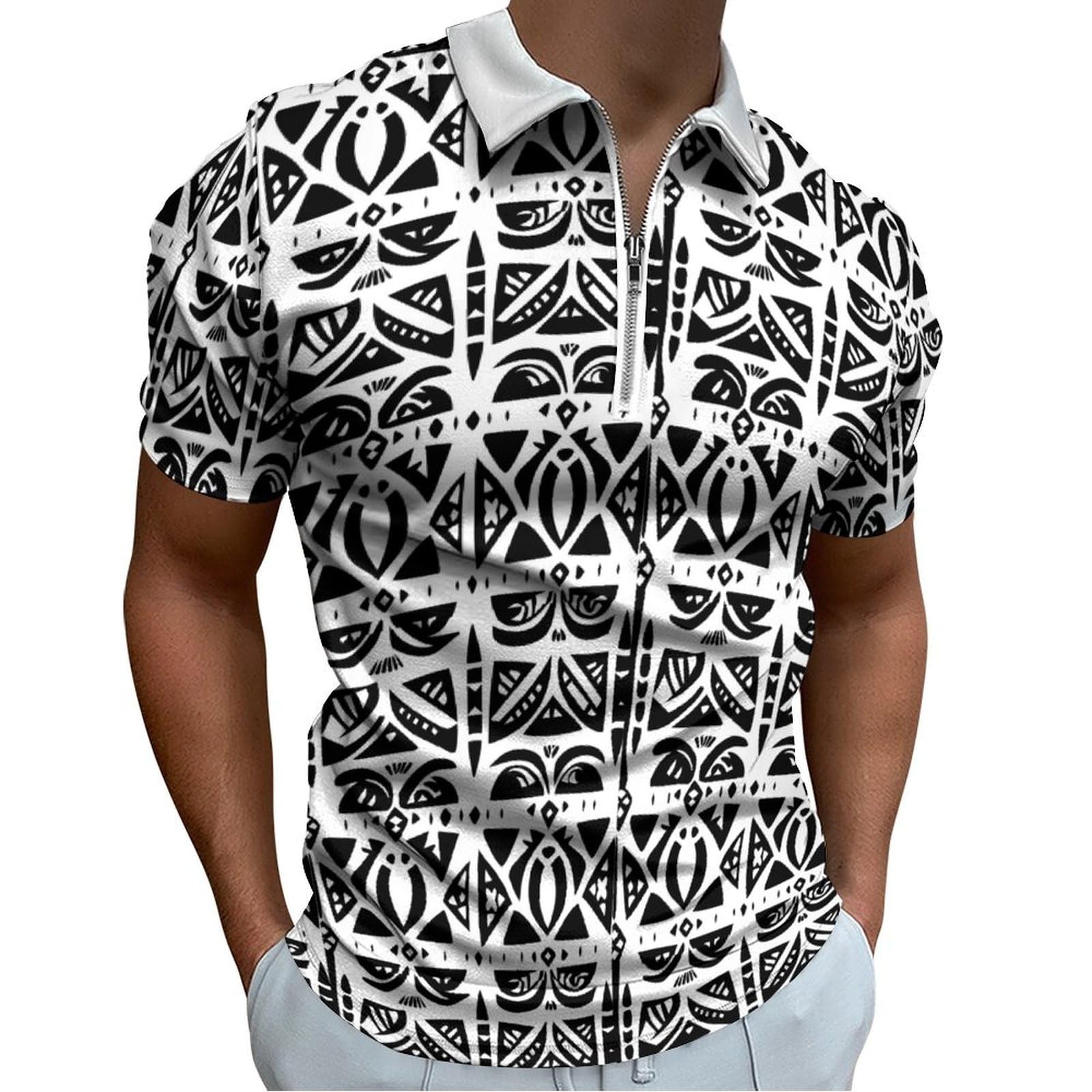 Mens Floral Printed Hawaiian Polo Shirts Zipper Short Sleeve Golf Shirt Moisture Wicking V Neck Casual Slim T