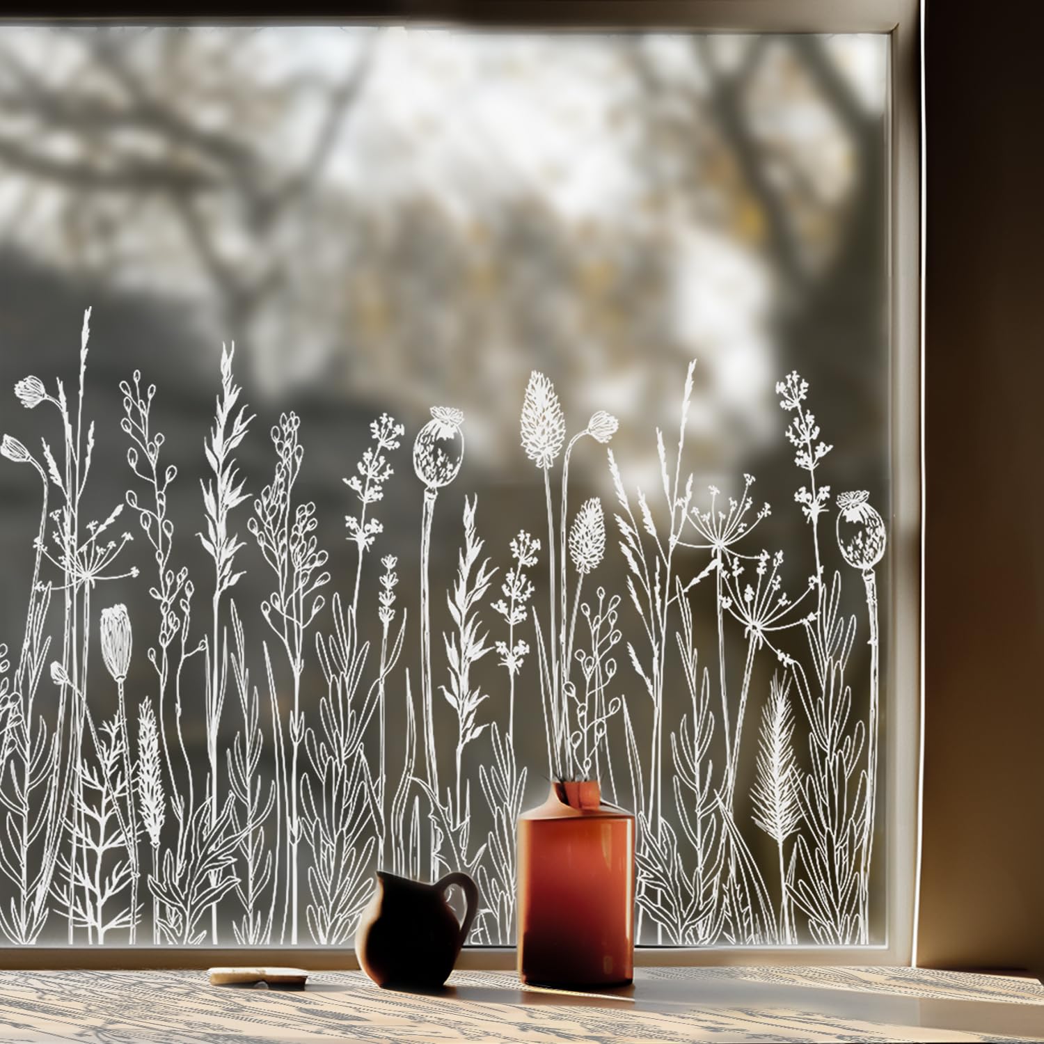 ChicSkin Pure White Window Border Film Floral, Removable See Through Static Cling for Glass Window Decor, Living Room, Wild Flowers and Herb Stickers 59.06