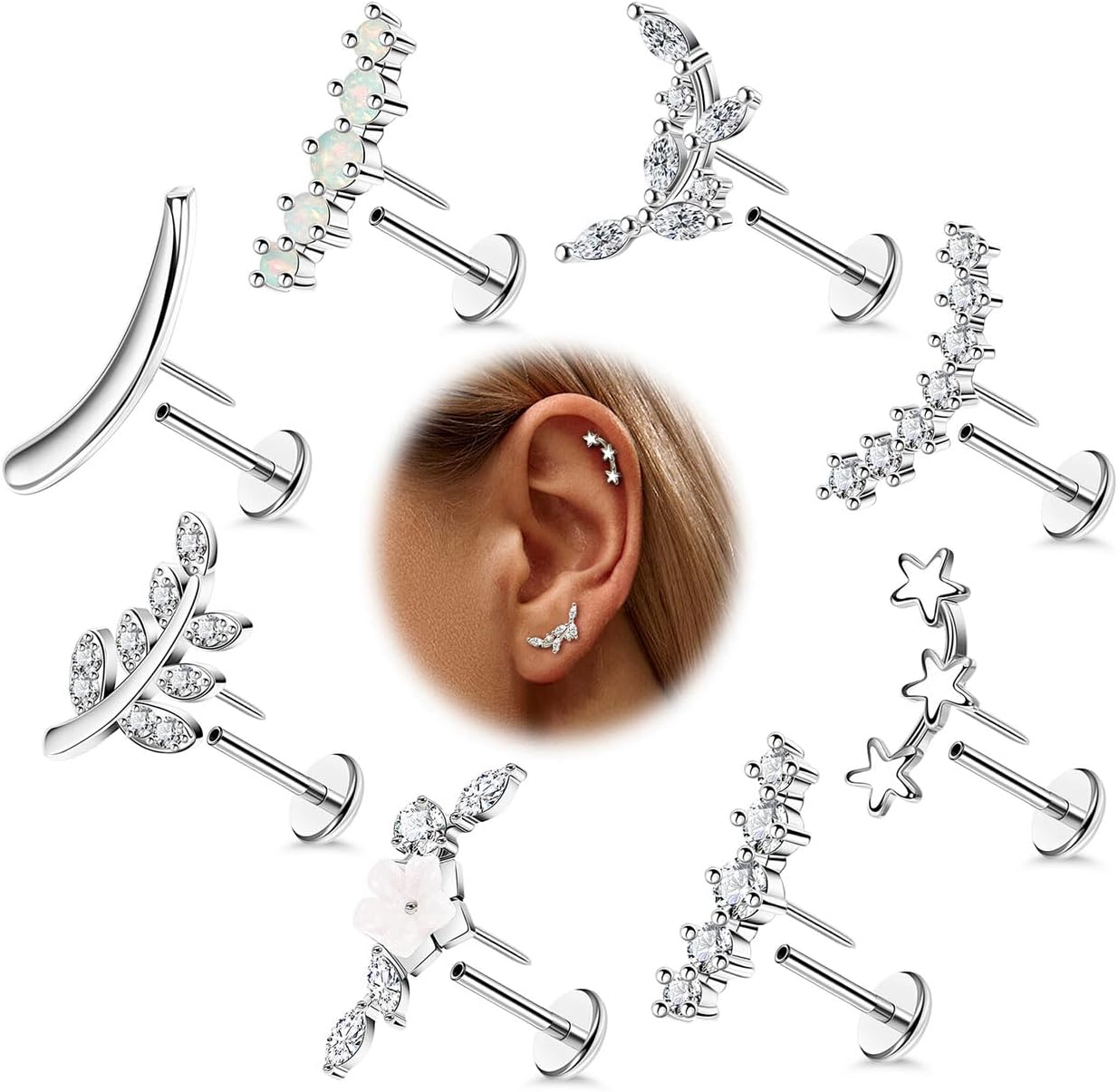 8PCS 16G 14K Gold Threadless Cartilage Stud Earrings for Women 316L Stainless Steel Push in Earrings CZ Helix Flat Back Stud Earrings Hypoallergenic Flower Star Leaf Conch Earrings 6/8mm