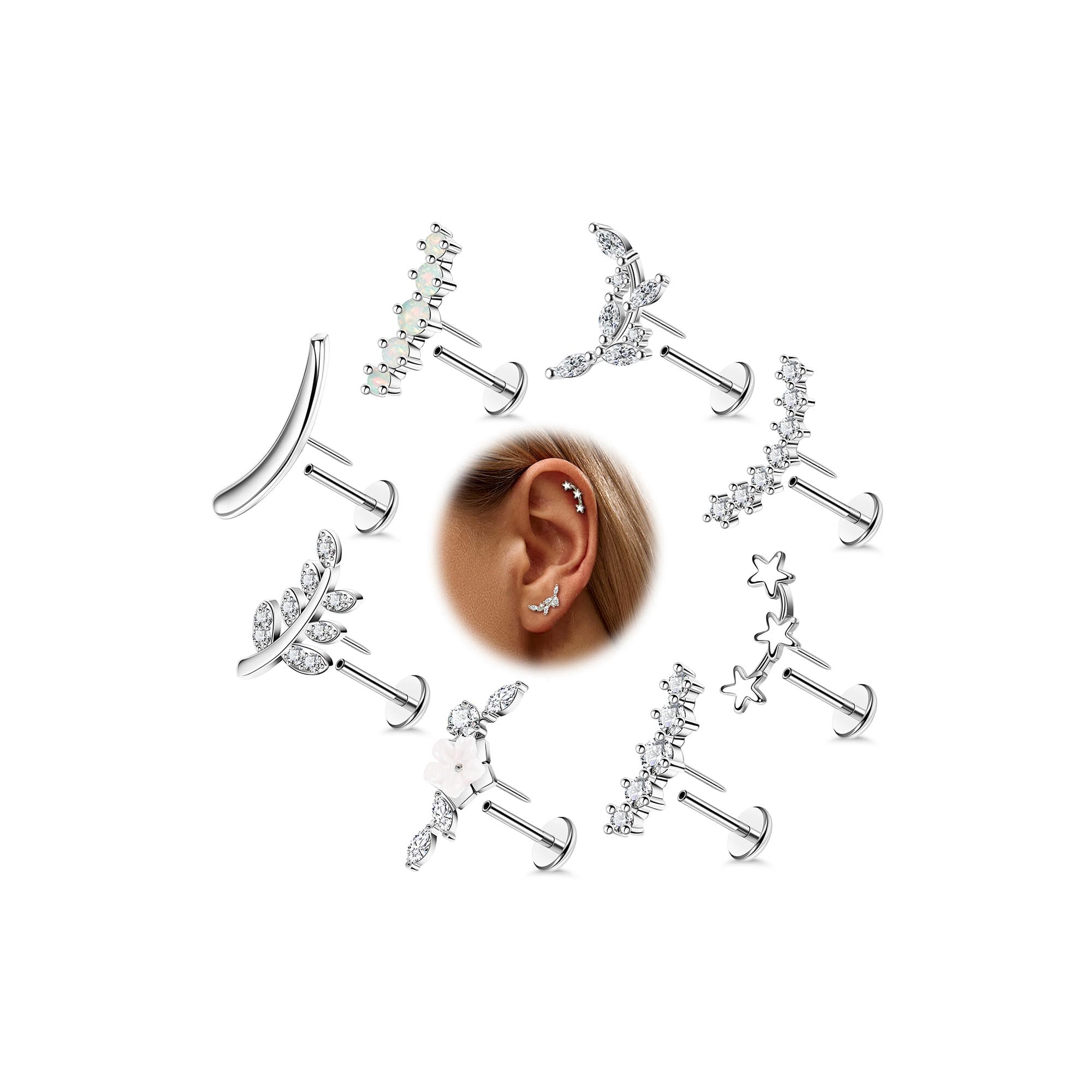 Masedy 8PCS 16G 14K Gold Threadless Cartilage Stud Earrings for Women 316L Stainless Steel Push in Earrings CZ Helix Flat Back Stud Earrings