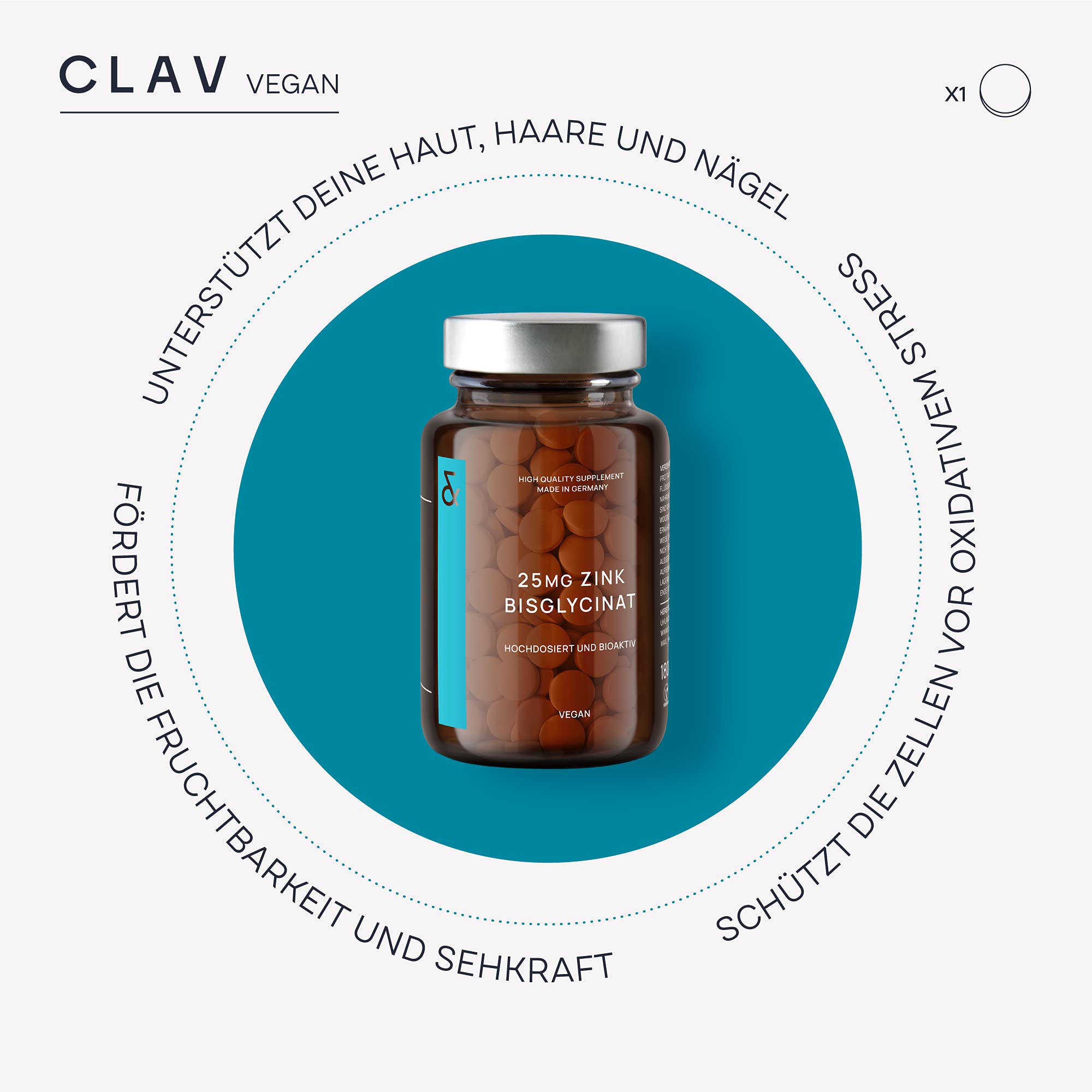 CLAV® Zink 25mg, Premium Bisglycinat hochdosiert, 540 Vegane Tabletten