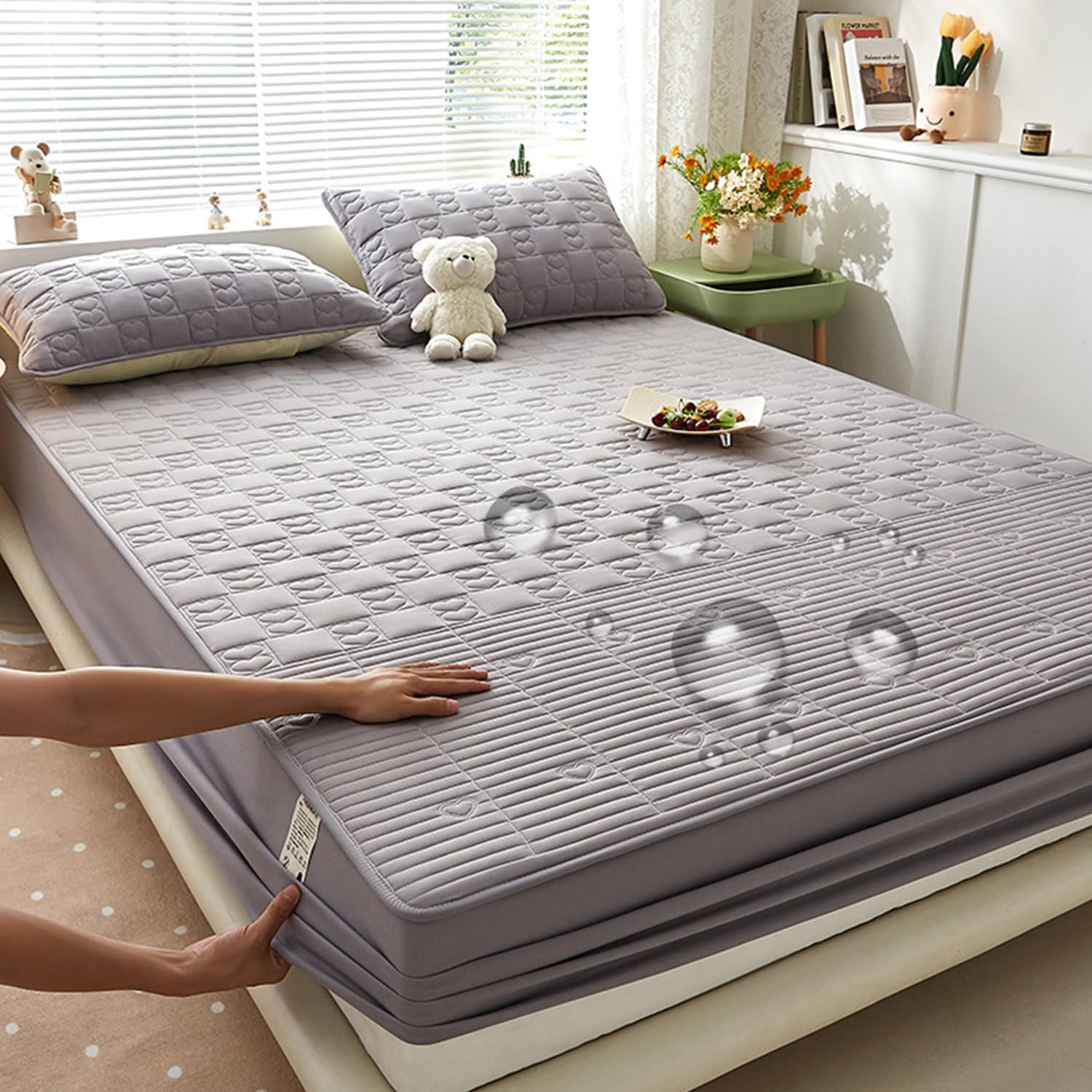 LDLCYCN ,A/grey1,150 * 200cm/QUEEN, 100% Waterproof Mattress Protector Cover Queen Size Quilted Fitted Sheet