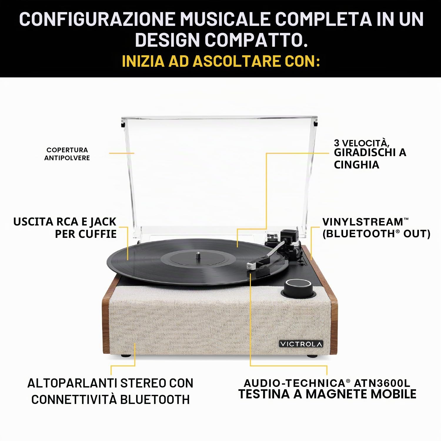 Victrola Eastwood II, giradischi con finitura nera, con altoparlanti, Bluetooth 5.1 e tecnologia Vinyl Stream, lettore in vinile a 3 velocità in stile vintage, cartuccia Audio Technica AT-3600LA