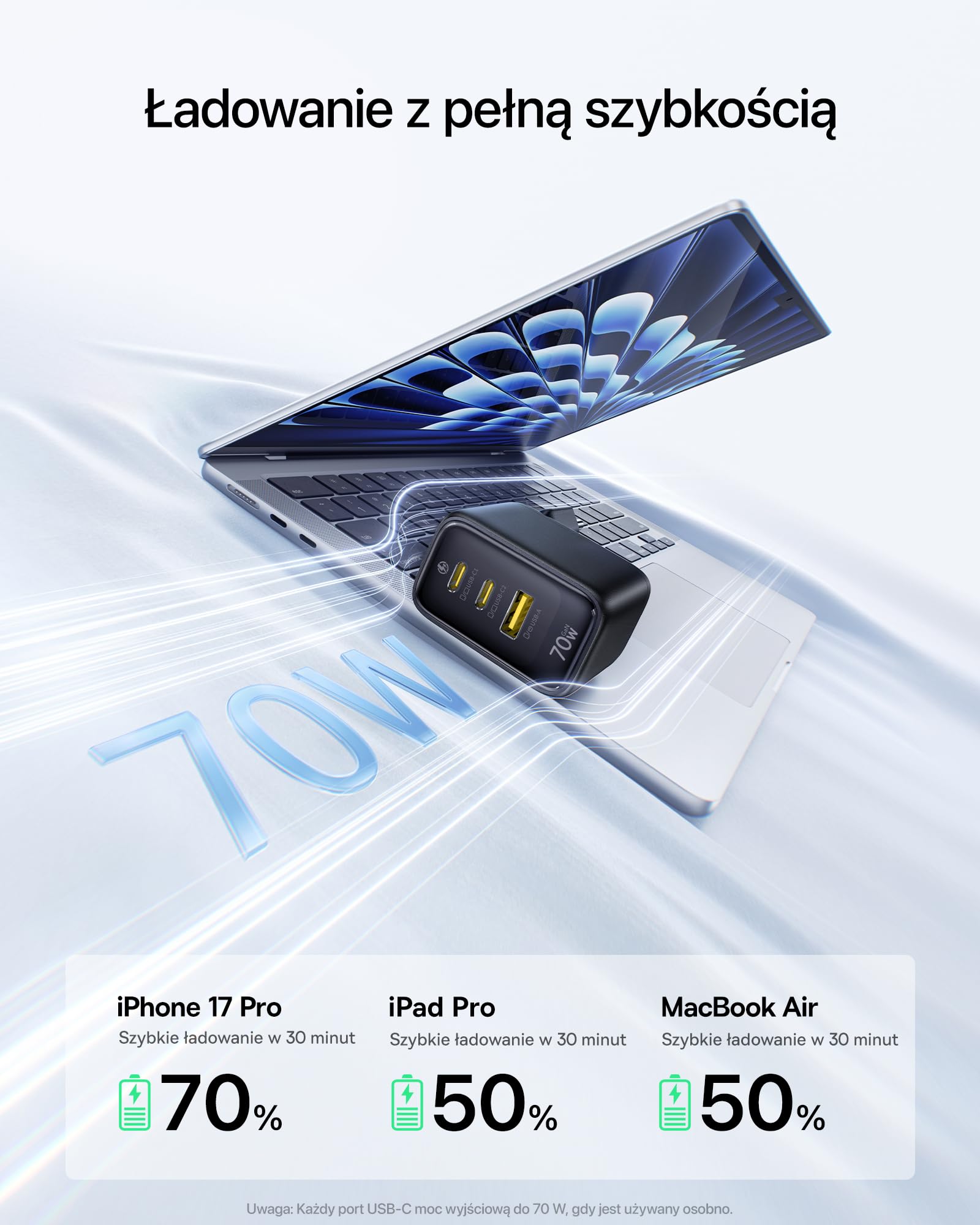 Baseus Enerfill Ładowarka USB C 70W, 3-portowa ładowarka GaN6 z szybkim ładowaniem, kompaktowa ładowarka do MacBook Air, iPhone 17/16/15 Pro Max, iPad Pro, Galaxy S25/S24, Pixel, laptopa i innych