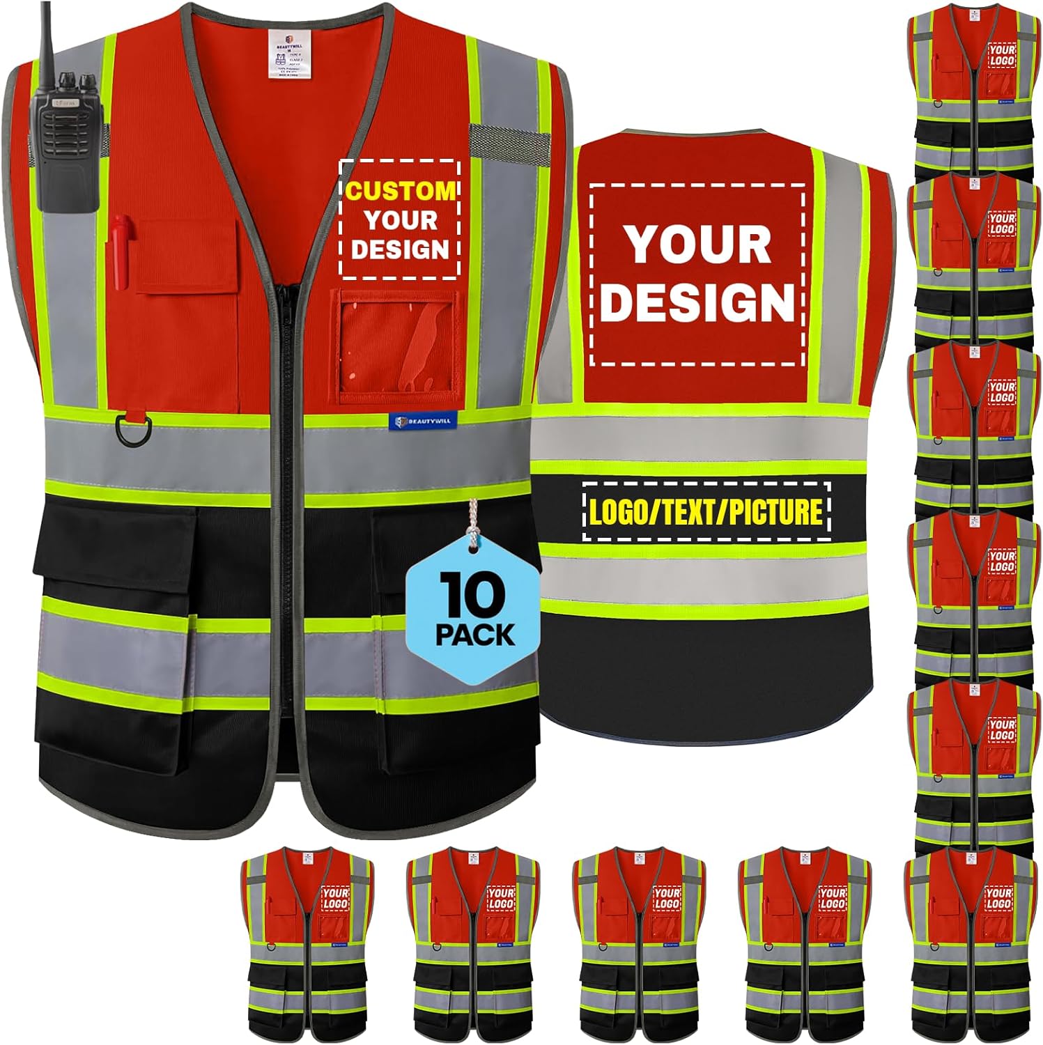 BeautyWill 10 Pack Custom Logo Safety Vest ANSI Class 2 High Visibility Reflective Vest Personalized Construction Vest Bulk