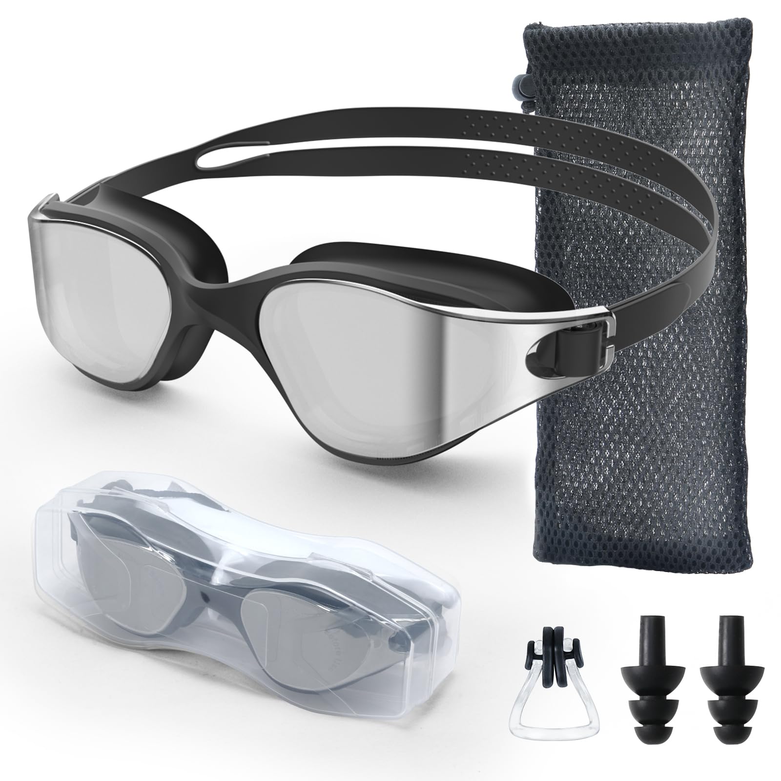 Roujune Polarisiert Schwimmbrille Herren Damen, UV-Schutz, Anti-Nebel, Verstellbarer Gurt, Komfortable Passform, Profi Schwimmbrille für Erwachsene und Jugendliche Mit Nasenklammer und Ohrstöpseln