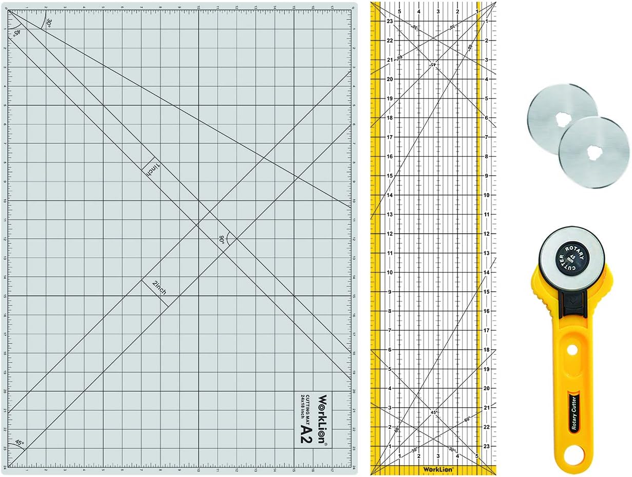 WORKLION Rotary Cutting Mat Set:45mm Rotary Cutter & 2 Replacement Rolling Blades & 18"x 24" inch Self-Healing Cutting Mat & 6.5"x 24.5" inch Clear Acrylic Ruler for Quilting&Sewing and Craft Projects