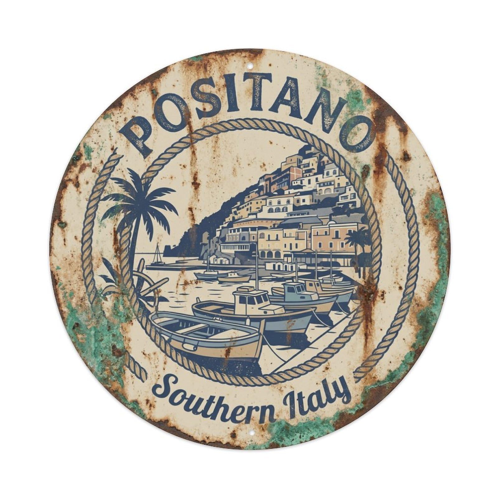 Vintage Travel Positano Harbor Italy Nautical Momento Metal Tin Sign Plaque Wall Decor for Cafe, Club, Garden Round Metal Poster 8x8Inch