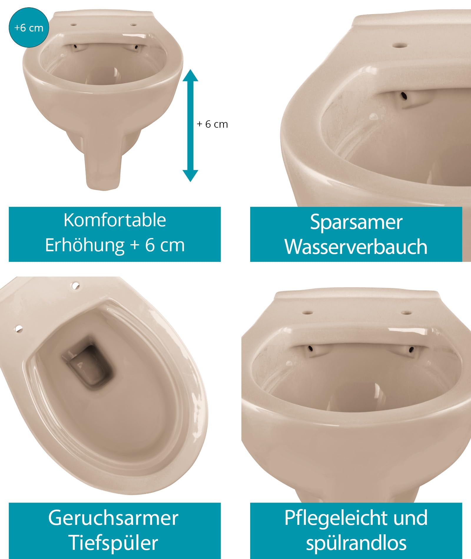 Calmwaters® Erhöhtes Wand WC spülrandlos Modern Plus mit Toilettendeckel, +6 cm Erhöhung, erhöhte Toilette inkl. abnehmbarem WC Sitz mit Absenkautomatik und Fast-Fix, Komfort Tiefspüler, Bahamabeige