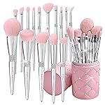 Bueart Design Elegant pink Ultra soft labeled Makeup Brushes Sets with Brush Holder makeup brush set with Foundation Powder blush blending contour Brush (15Pcs Silver Pink+Holder)