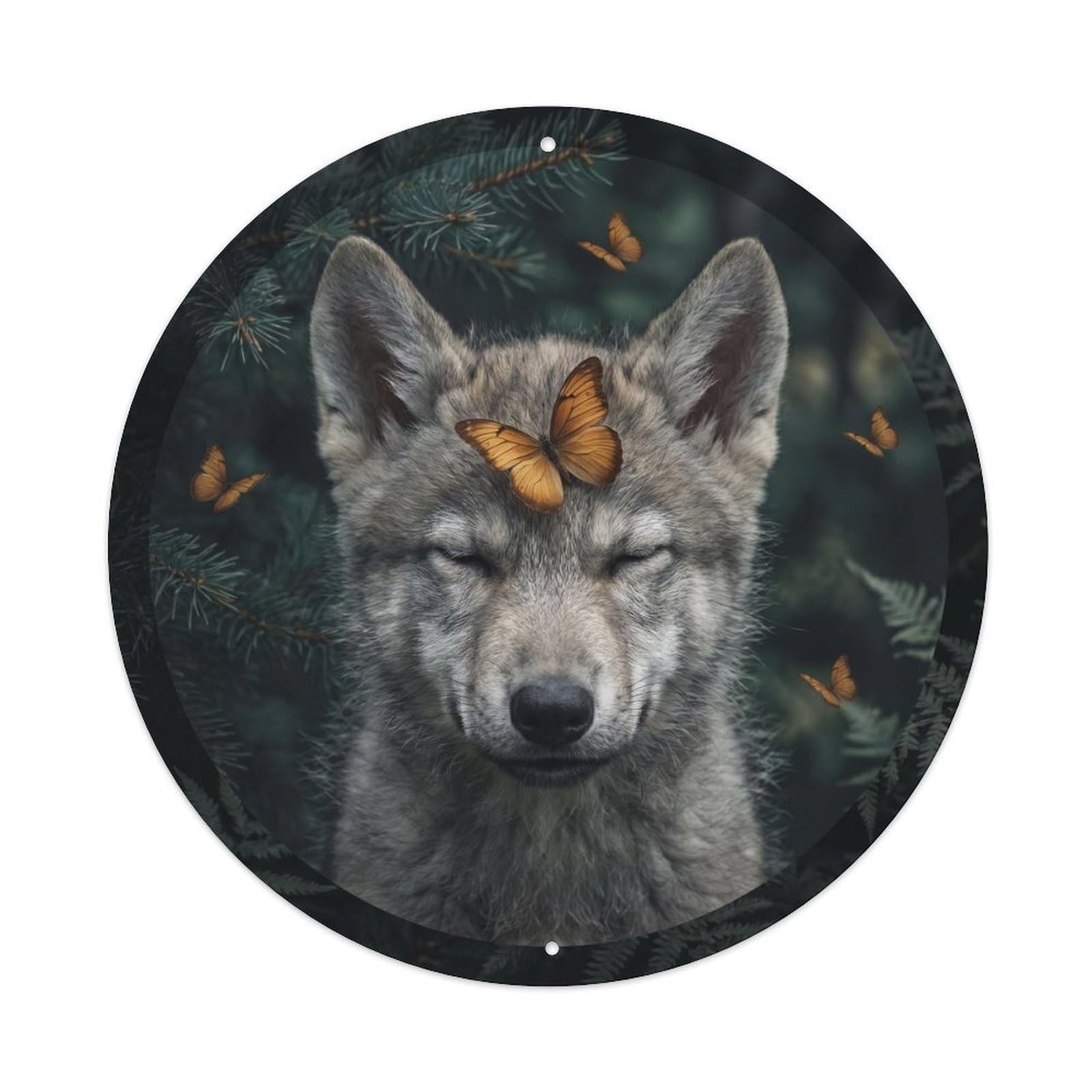 Gray Wolf Pup Zen Wildlife Winter Forest Calm Nature Portrait Metal Tin Sign Plaque Wall Decor for Cafe, Man Cave, Club Bar, Office, Home Garden Round Metal Poster 8x8Inch