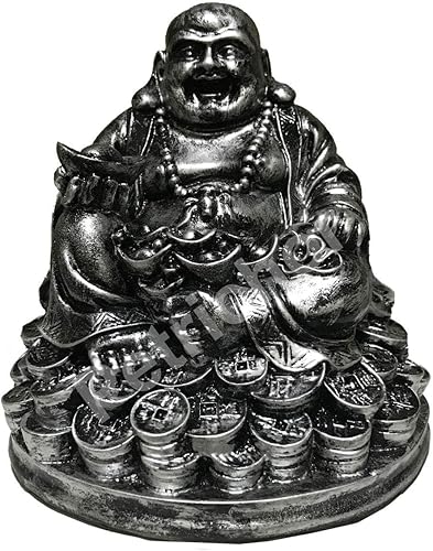 Miniatura 2 de Petrichor Fengshui de 5 pulgadas, hecho a mano, Buda sonriente sentado en monedas de dinero de la suerte con lingote de plata para buena suerte y