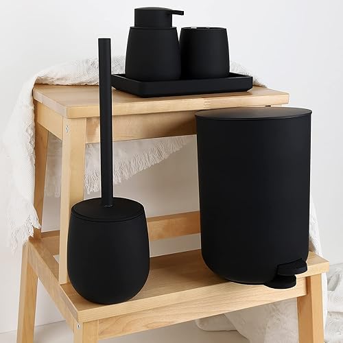 Miniatura 27 de Juego de accesorios de baño pequeños de color beige y blanco con mini bote de basura de 3 litros/0.8 galones, soporte para cepillos de dientes