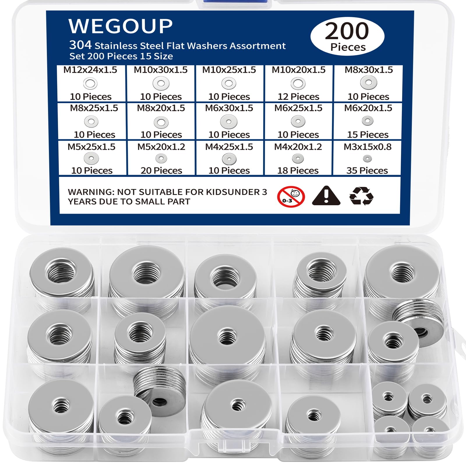 WEGOUP Arandelas planas de acero inoxidable 18-8 (304) para tornillos y pernos, kit de 200 arandelas de metal (15 tamaños M3-M12), juego de arandelas de hardware grandes y pequeñas para uso doméstico