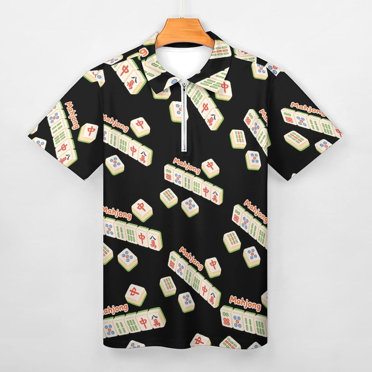 Cute Mahjong Polo Shirts for Men Short Sleeve Athletic Golf Tees Tops | Casual Summer Zippered V Neck Mens T-shirts Sports Quick Dry Tennis