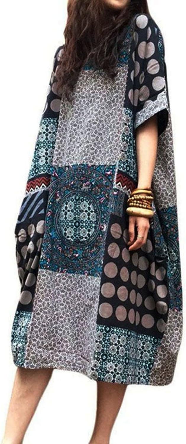LVCBL Women Elegant Floral Print Midi Dress A Line Cotton Linen Loose Dress Gray L