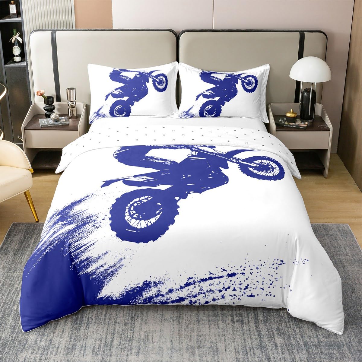 Loussiesd Dirt Bike Bedding Set Super King Extreme Sports Comforter Cover for Boys Girls Teens Racing Motocross Rider 100% Cotton Duvet Cover Motorcycle Bedspread Cover Blue Quilt Cover No Comforter