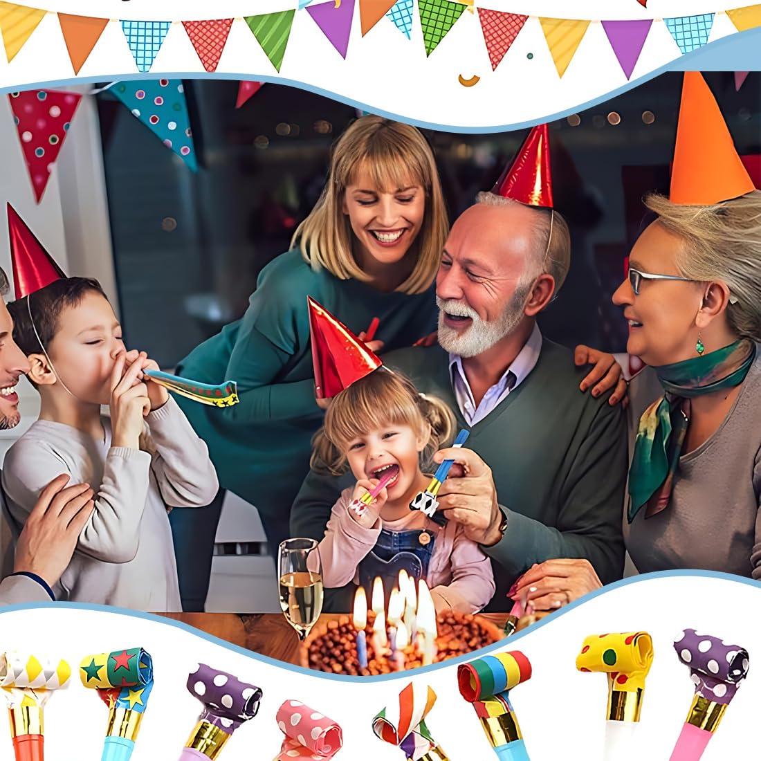 Vente en gros de souffleurs de fête sortes d'éruptions d'anniversaire cornes sifflets en papier à musique bruiteurs paillettes en métal souffleurs de fête