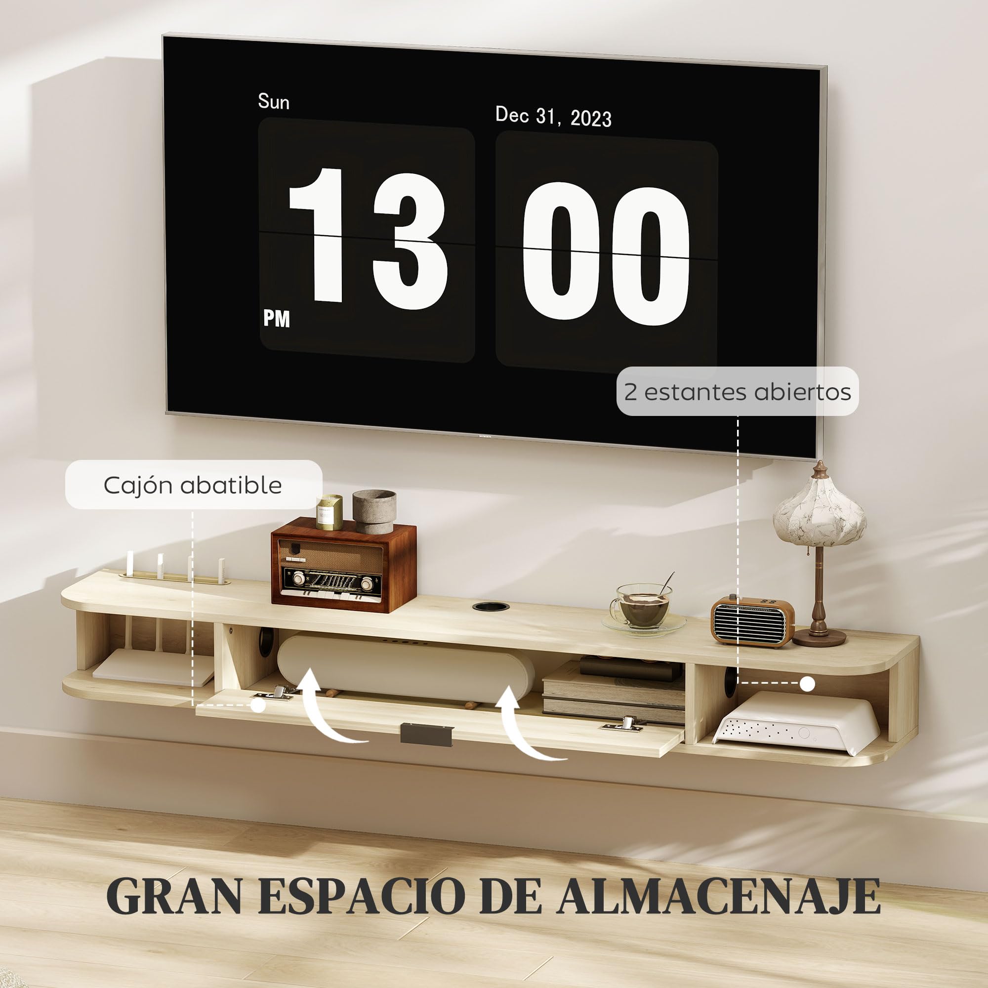 HOMCOM Mueble de TV Suspendido, Mueble de TV para Salón con Cajón Abatible, 2 Estantes Abiertos, Gestión de Cables, Estilo Moderno, para Televisión 60 Pulgadas, 140x24x16 cm, Madera Natural