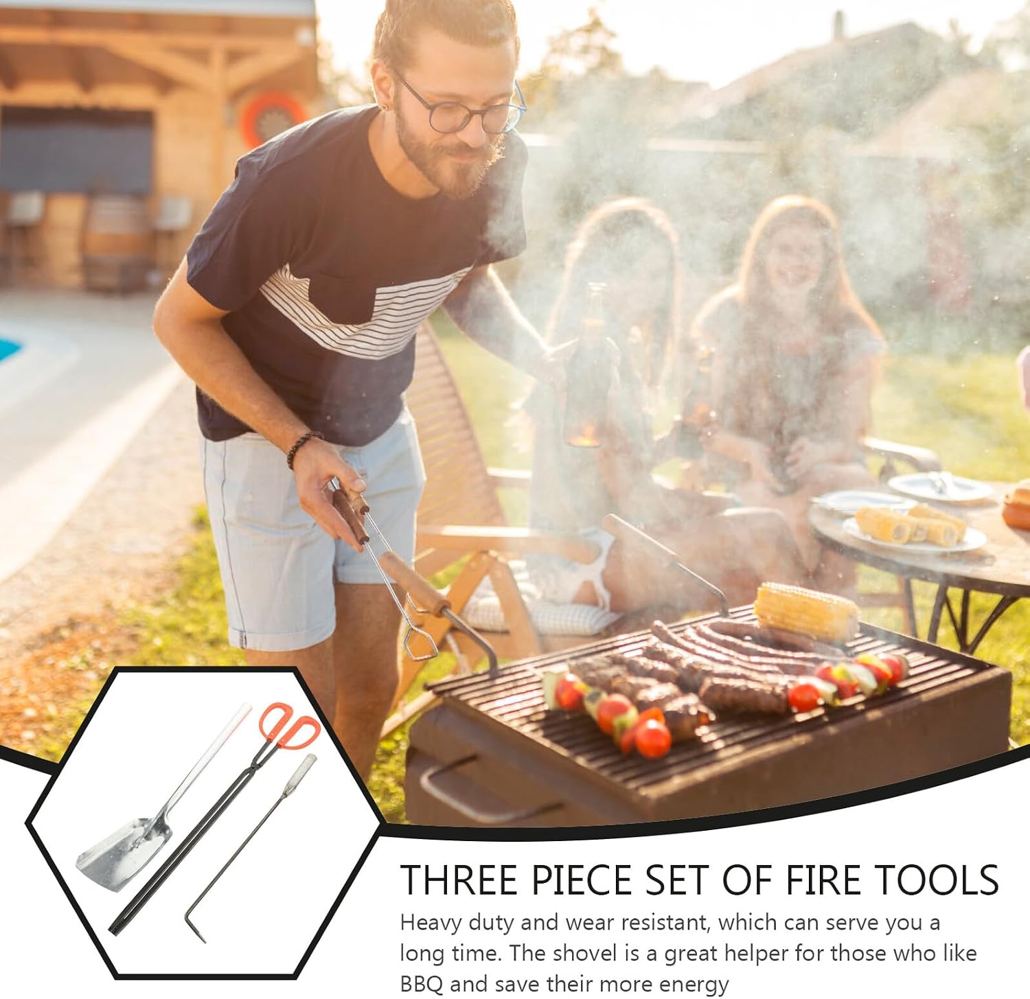 VICASKY 3pcs Fireplace Tool Set with Iron Fire Poker Long Handle Coal Shovel and Fire Tongs for Home Use