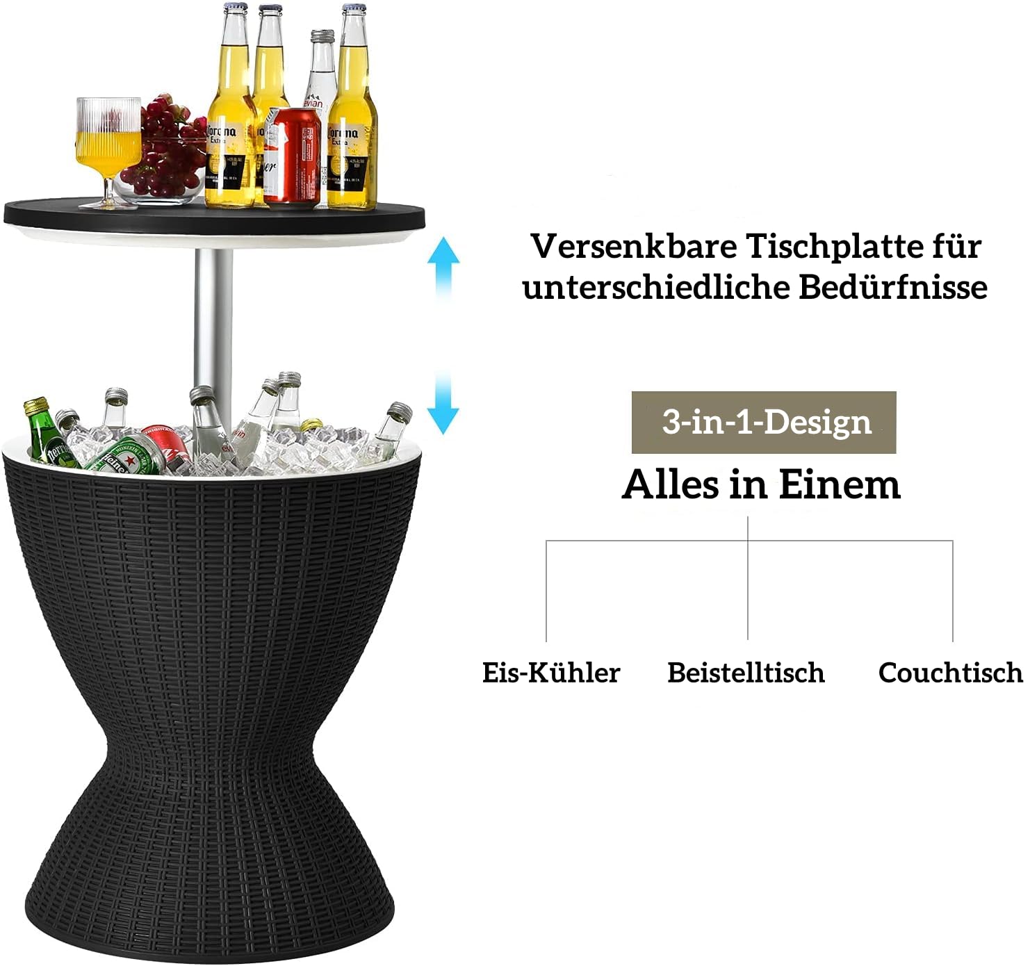 RELAX4LIFE 3 in 1 Beistelltisch Outdoor, Kühltisch in Rattanoptik, Getränkekühler höhenverstellbar, 30 L Cool Bar mit abnehmbarem Deckel & Abflussloch, bis 75kg belastbar, für Party & Camping, Schwarz