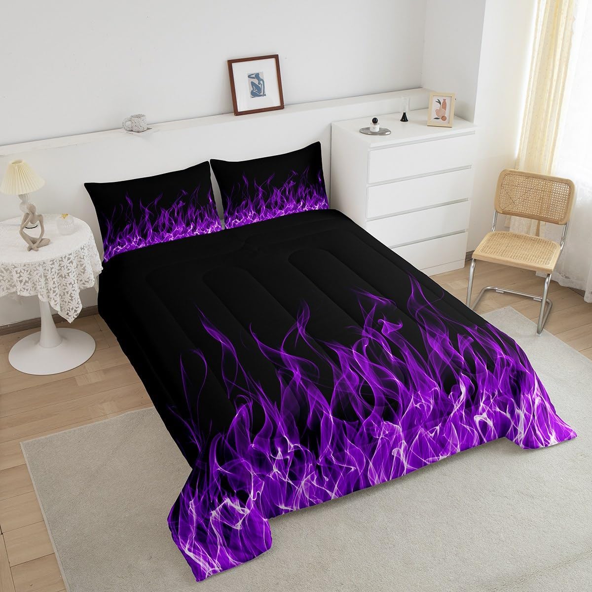 Feelyou Flame Bedding Bed Set Kawaii Decor Comforter Set for Kids Boys Women Purple Flame Comforter Chic Quilt with 2 Pillowcases 3Pcs Bedding Queen