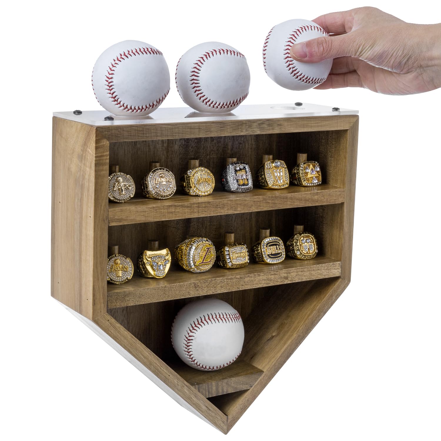 MyGift 12 Peg Wall Mounted Rustic Burnt Solid Wood Baseball Diamond Championship Ring and Game Ball Display Case with Premium Clear Acrylic Stands for