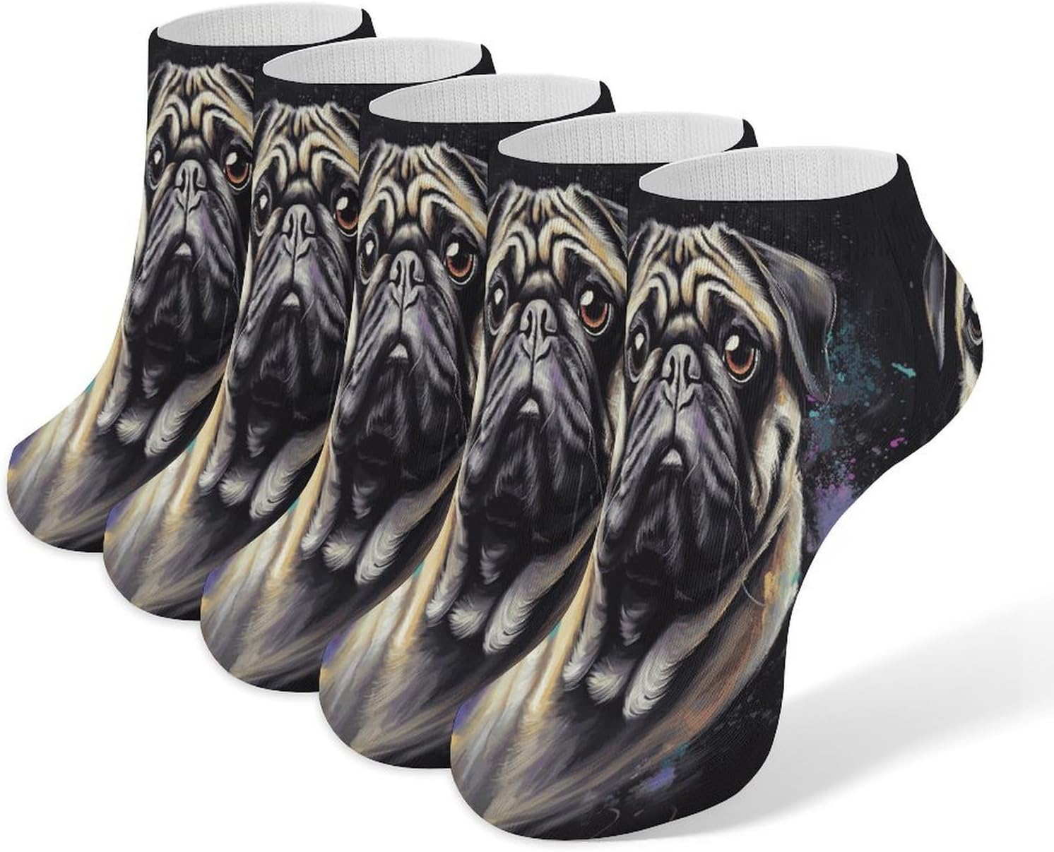 Portrait Of Pug Ankle Socks for Men Women 5 Pairs | Comfortable Casual Low Cut Socks, Lightweight No Show Breathable Athletic Socks, Soft Mini Crew Socks for All Seasons